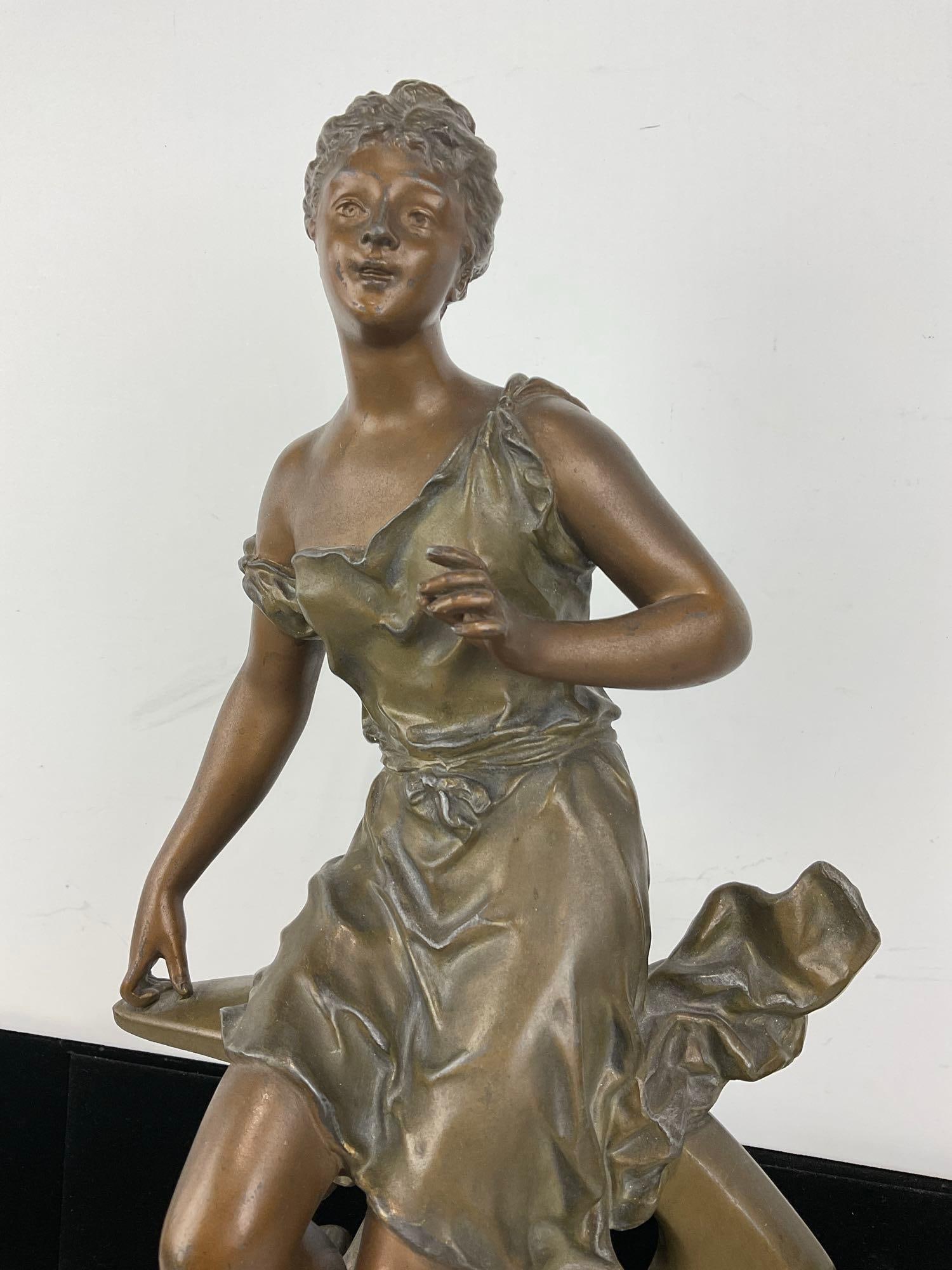Lovely Antique French Statue titled Whispering Waves by Ernest Rancoulet, 22h x 18w x 8d inches - 2