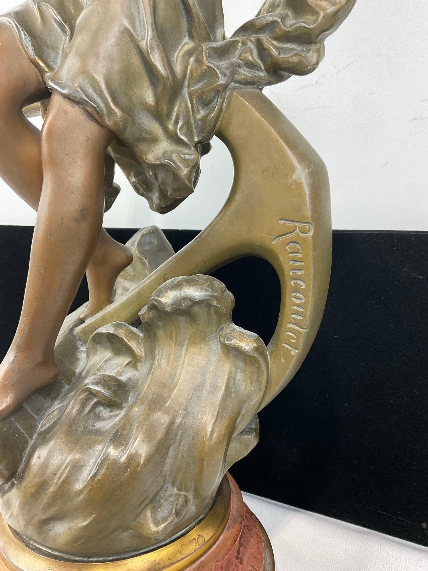 Lovely Antique French Statue titled Whispering Waves by Ernest Rancoulet, 22h x 18w x 8d inches - 3