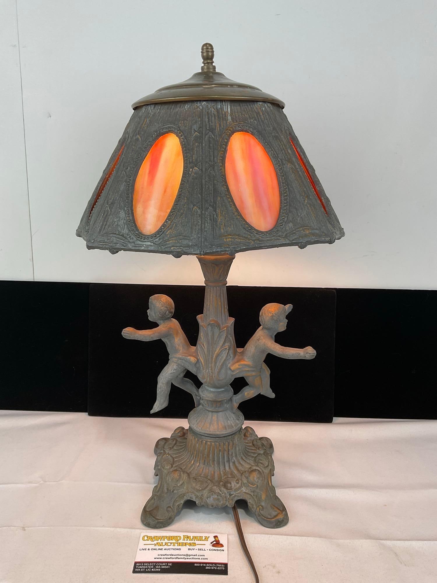 Antique Art Nouveau Orange Slag Glass, Cast Metal Cherub Design, 19h x 11w x 11d inches, tested: Appears to be in good shape. The piece measures approx 19h x 11w x 11d inches. See pics. E-5520 