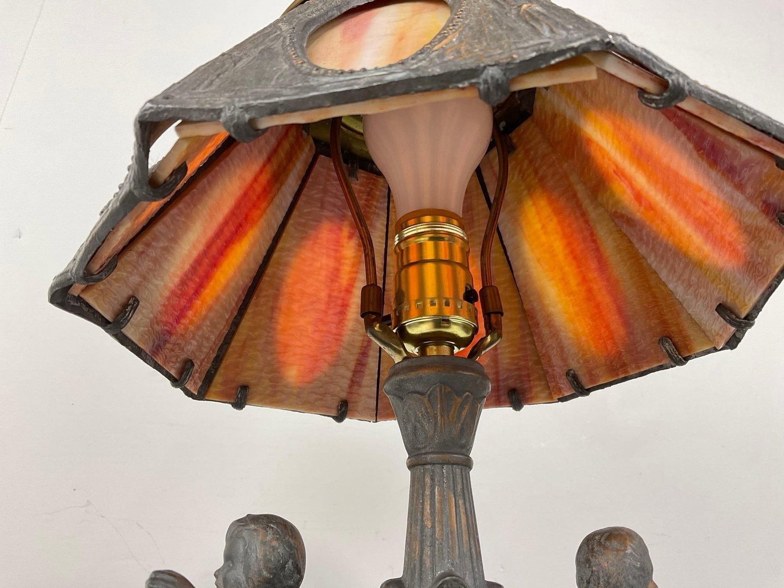 Antique Art Nouveau Orange Slag Glass, Cast Metal Cherub Design, 19h x 11w x 11d inches, tested - 4