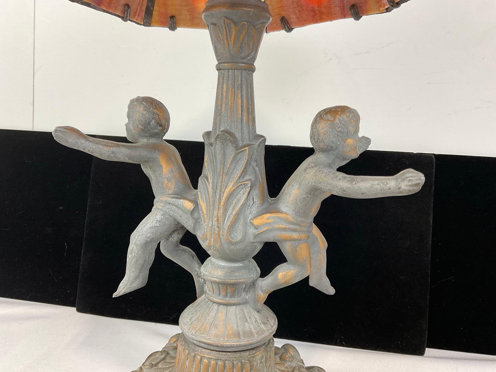 Antique Art Nouveau Orange Slag Glass, Cast Metal Cherub Design, 19h x 11w x 11d inches, tested - 5