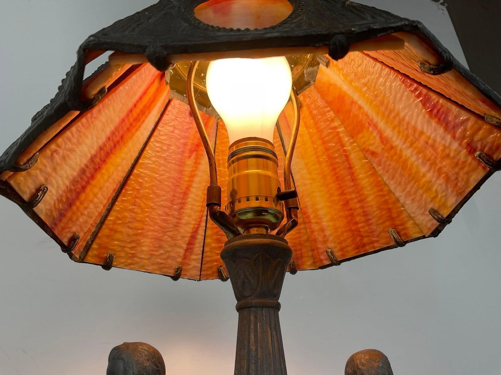 Antique Art Nouveau Orange Slag Glass, Cast Metal Cherub Design, 19h x 11w x 11d inches, tested - 7