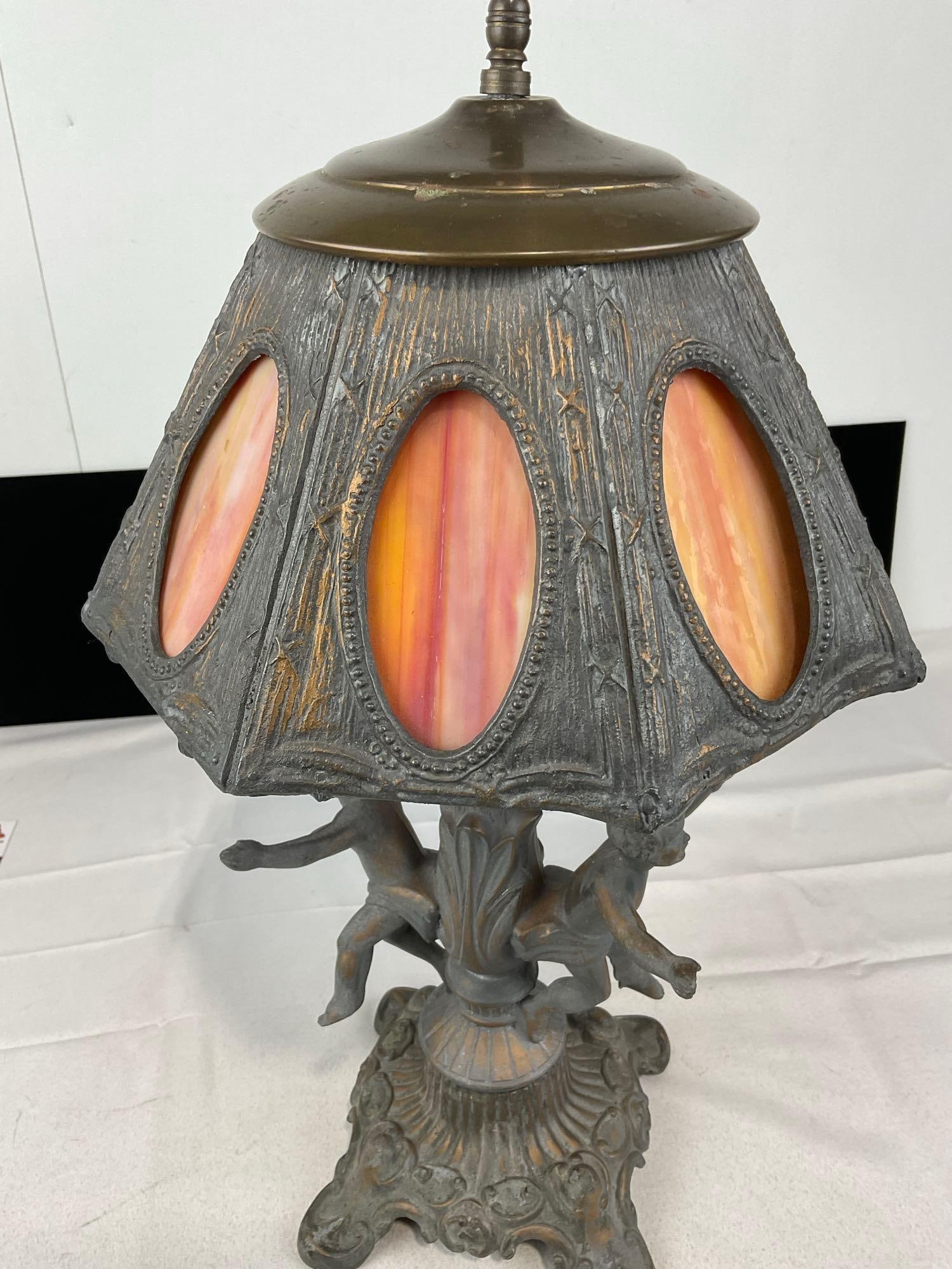 Antique Art Nouveau Orange Slag Glass, Cast Metal Cherub Design, 19h x 11w x 11d inches, tested - 8