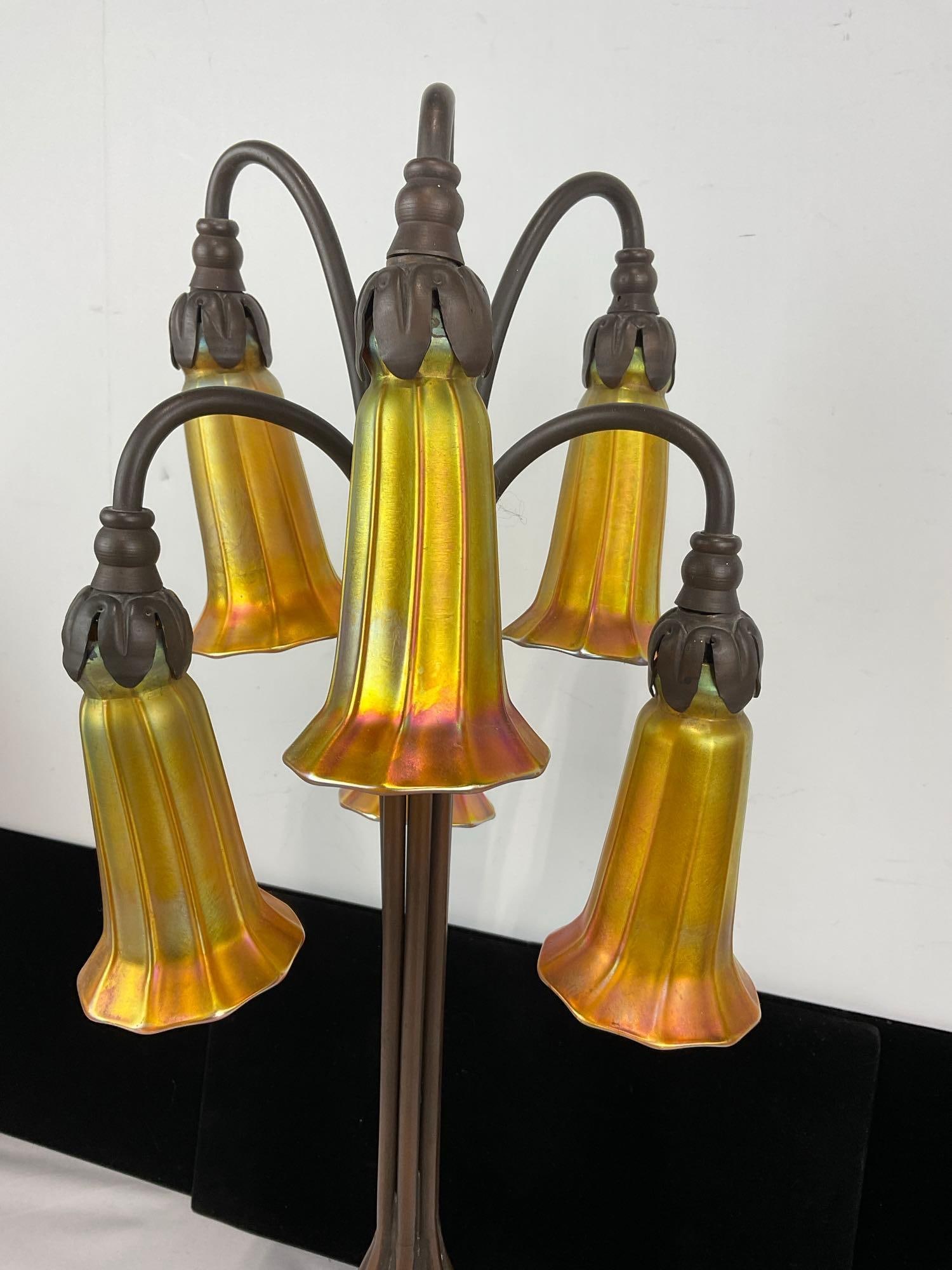 Tiffany Style 6 Light Table Lamp, Iridescent Lily Shape Shades, untested, 23h x 10w x 10d inches - 2