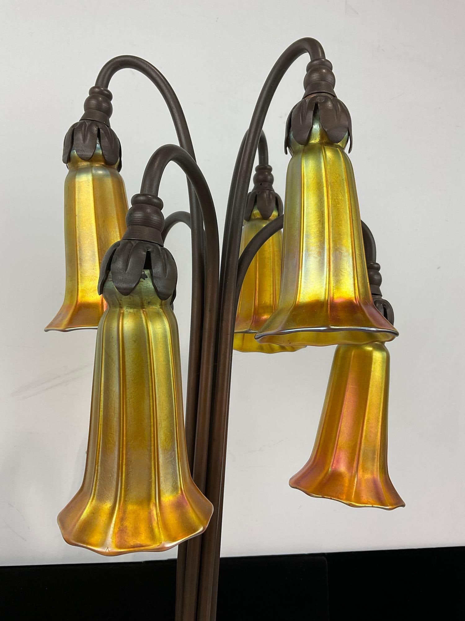 Tiffany Style 6 Light Table Lamp, Iridescent Lily Shape Shades, untested, 23h x 10w x 10d inches - 4