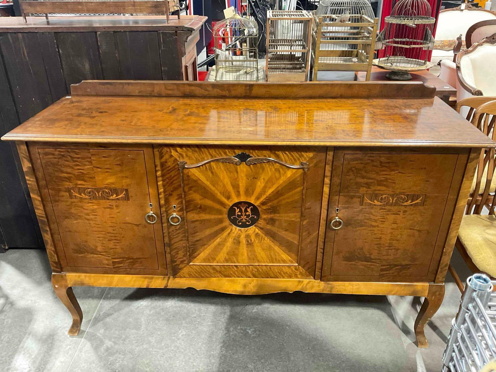 Gorgeous Burl Wood Sideboard Credenza w/ Sunburst Marquetry Motif. Excellent Condition.: Gorgeous Burl Wood Sideboard Credenza w/ Sunburst Marquetry Motif. Excellent Condition. Looks to be mahogany, unsure, incredible grain. Very minor wear indicative of age and use, condition is