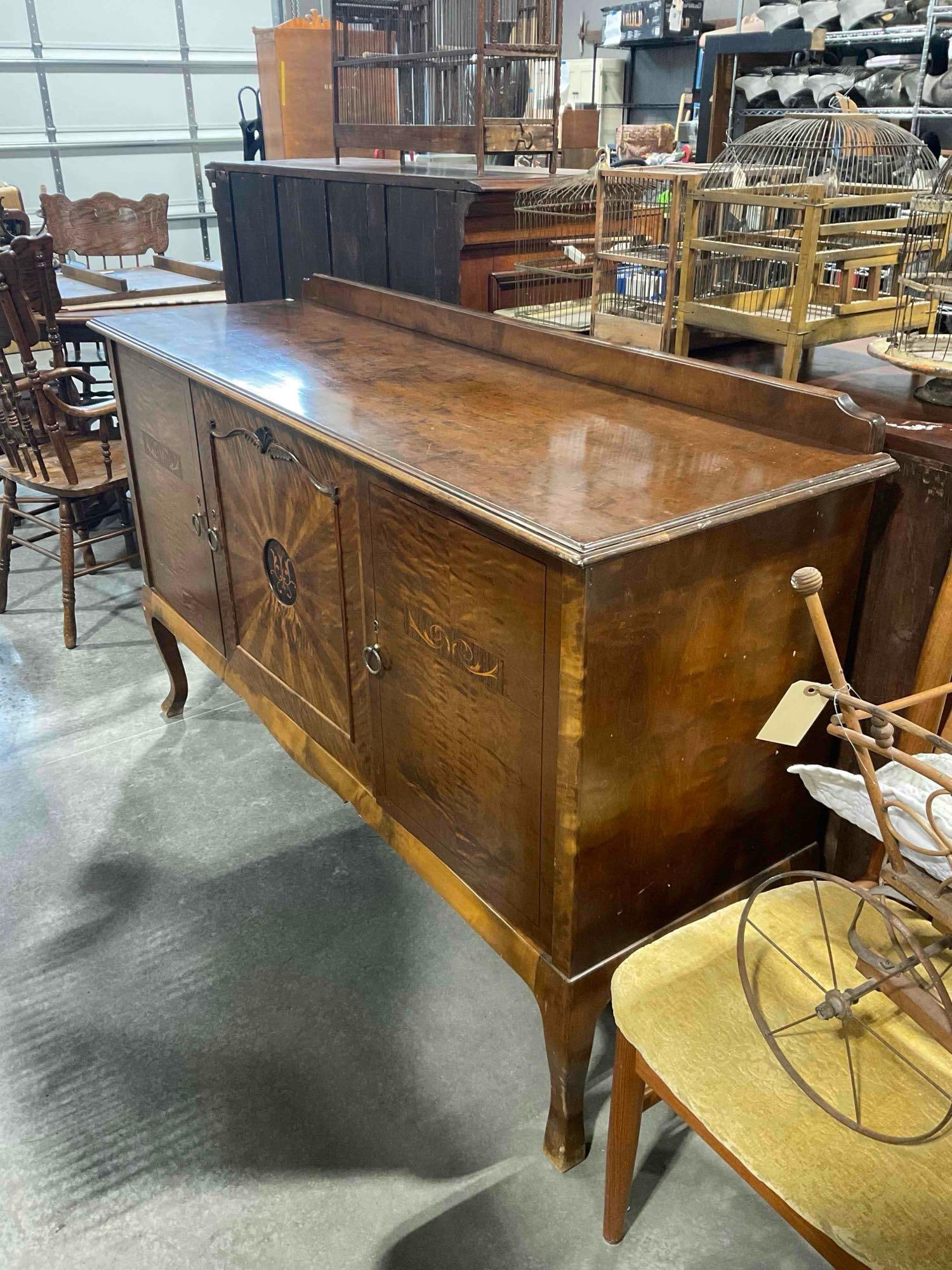 Gorgeous Burl Wood Sideboard Credenza w/ Sunburst Marquetry Motif. Excellent Condition. - 3