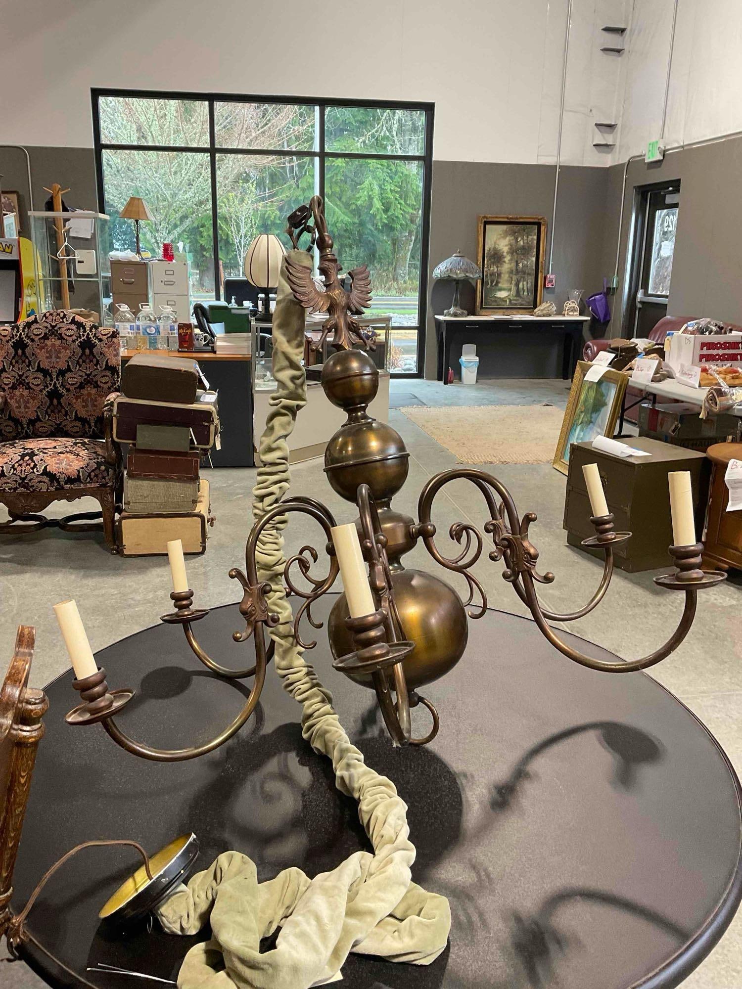 Vintage Brass? Flemish Dutch Chandelier w/ Double Headed Eagle Motif. Untested, Not Working. - 7