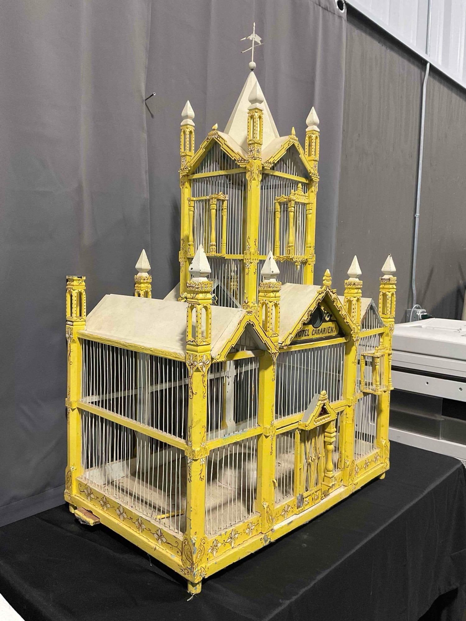 Incredible Antique Yellow Painted Wood & Wire Canary Bird Cage "Hotel Canarien." See pics. - 2