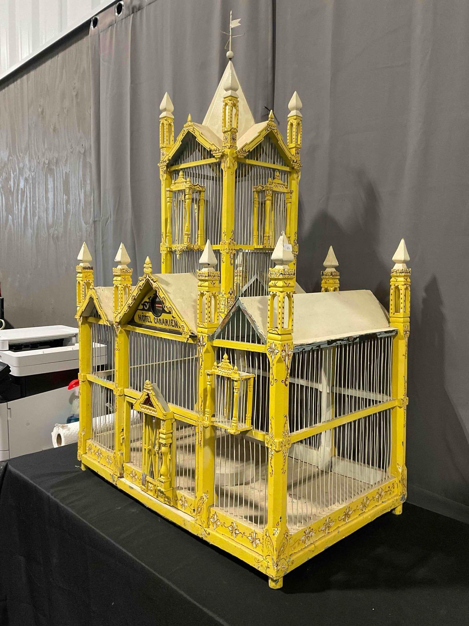 Incredible Antique Yellow Painted Wood & Wire Canary Bird Cage "Hotel Canarien." See pics. - 3