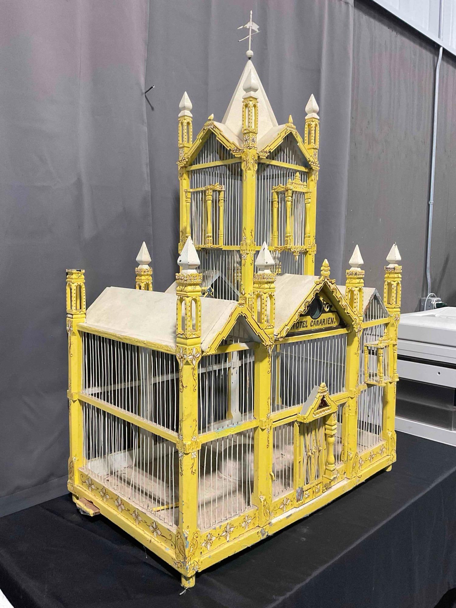 Incredible Antique Yellow Painted Wood & Wire Canary Bird Cage "Hotel Canarien." See pics. - 7