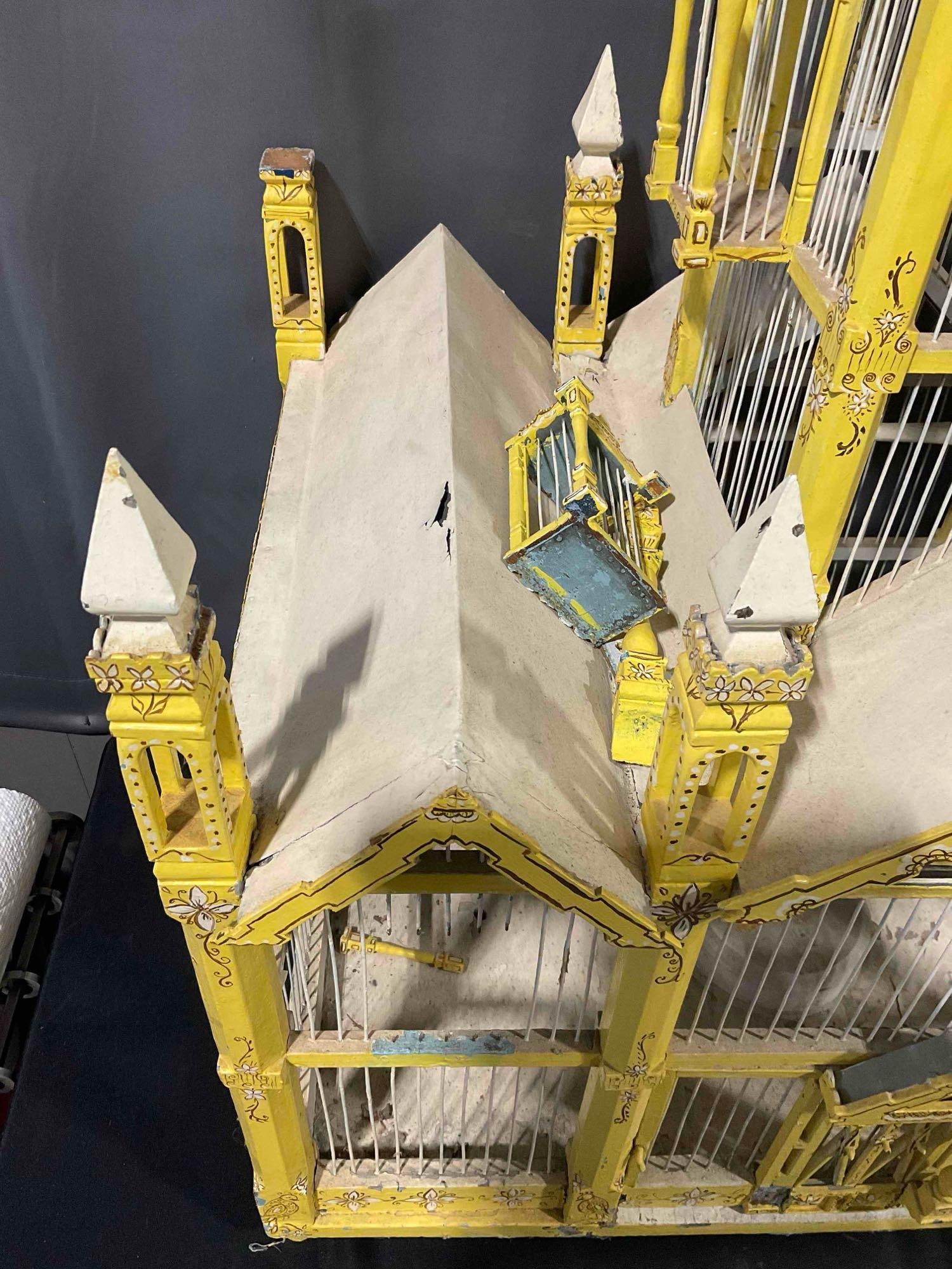 Incredible Antique Yellow Painted Wood & Wire Canary Bird Cage "Hotel Canarien." See pics. - 8