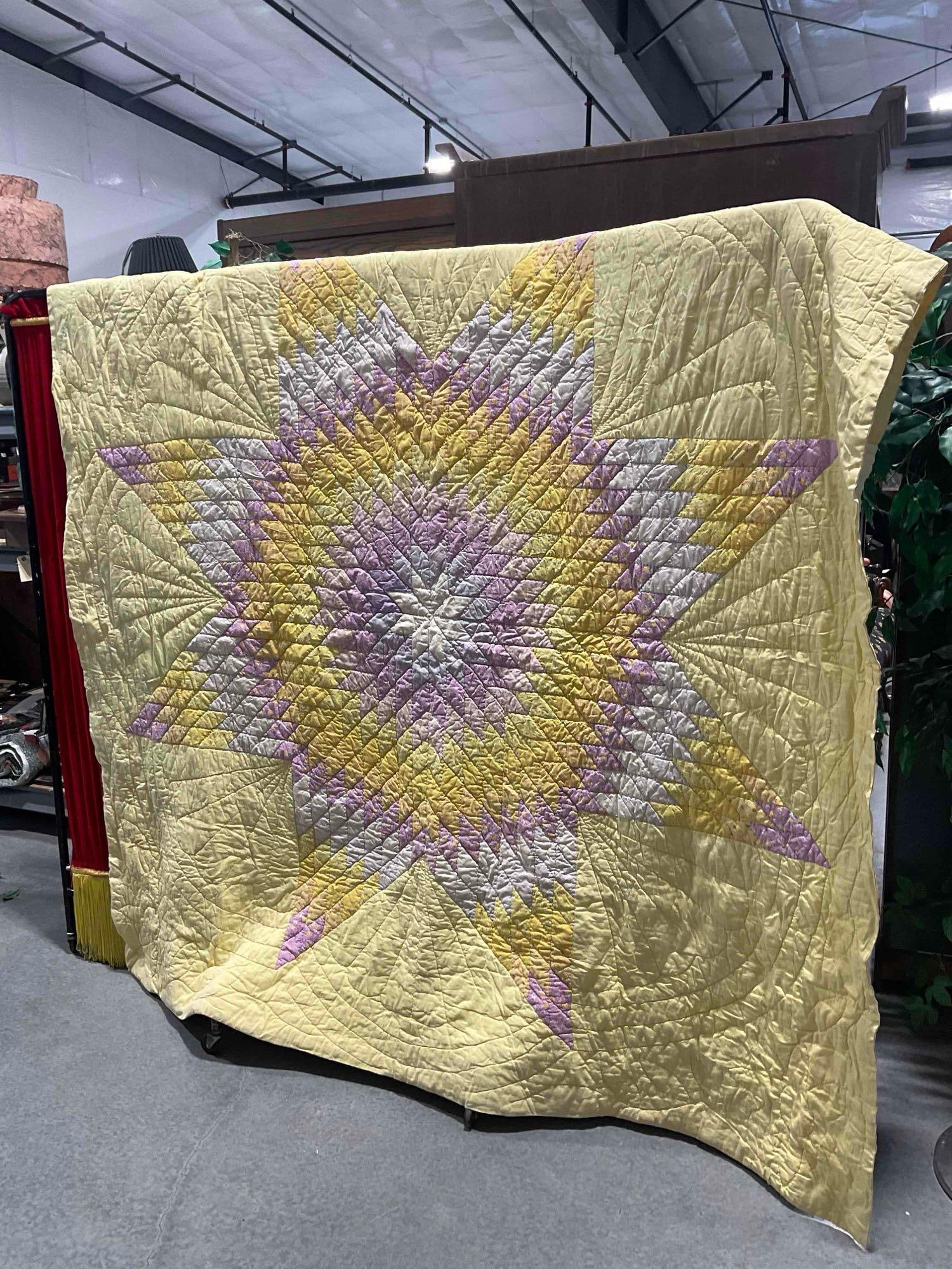 Vintage Hand Quilted Bedspread Blanket w/ Yellow & Purple Lone Star Design. Very Good Cond. - 2