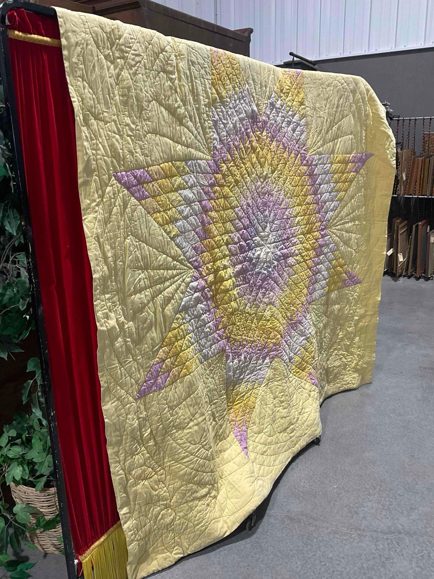 Vintage Hand Quilted Bedspread Blanket w/ Yellow & Purple Lone Star Design. Very Good Cond. - 3