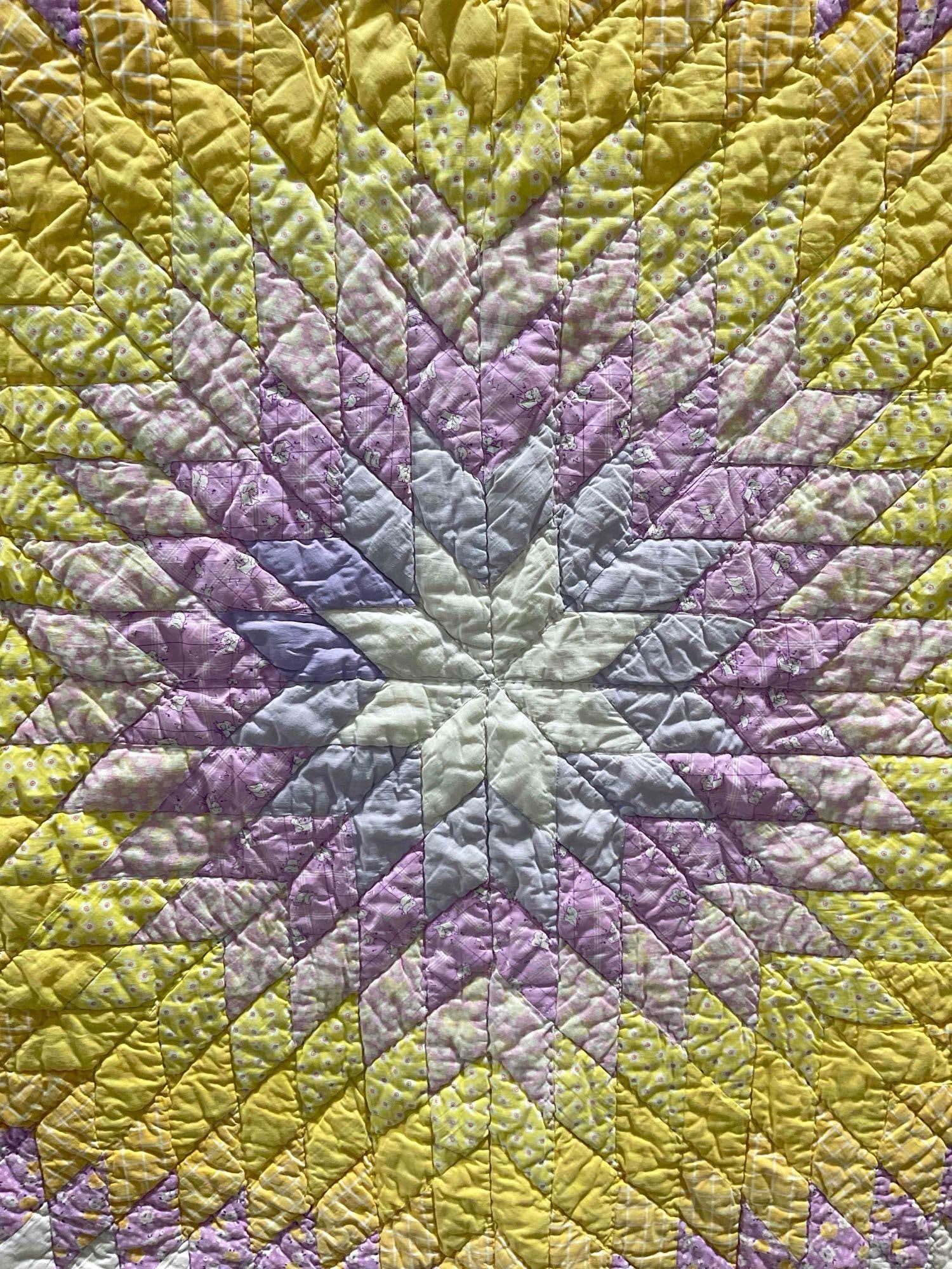 Vintage Hand Quilted Bedspread Blanket w/ Yellow & Purple Lone Star Design. Very Good Cond. - 4