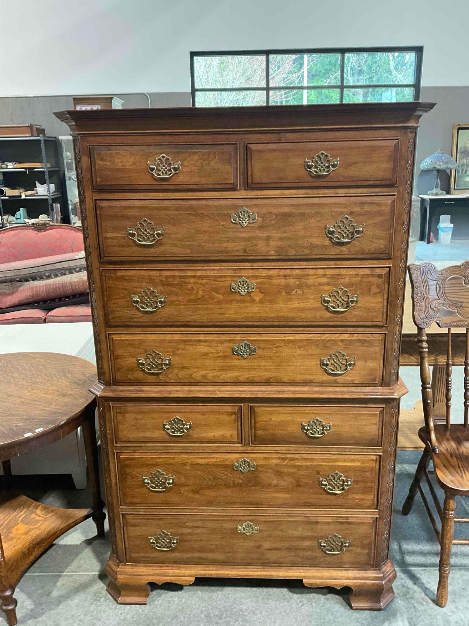 Vintage Pennsylvania House Mahogany Wood Finish 9-Drawer Dresser. Excellent Condition.: Vintage Pennsylvania House Mahogany Wood Finish 9-Drawer Dresser. Excellent Condition. Very handsome, lovely brass fixtures and carved details. Measures 38" x 20" x 60" DM-5690 *Freight Required