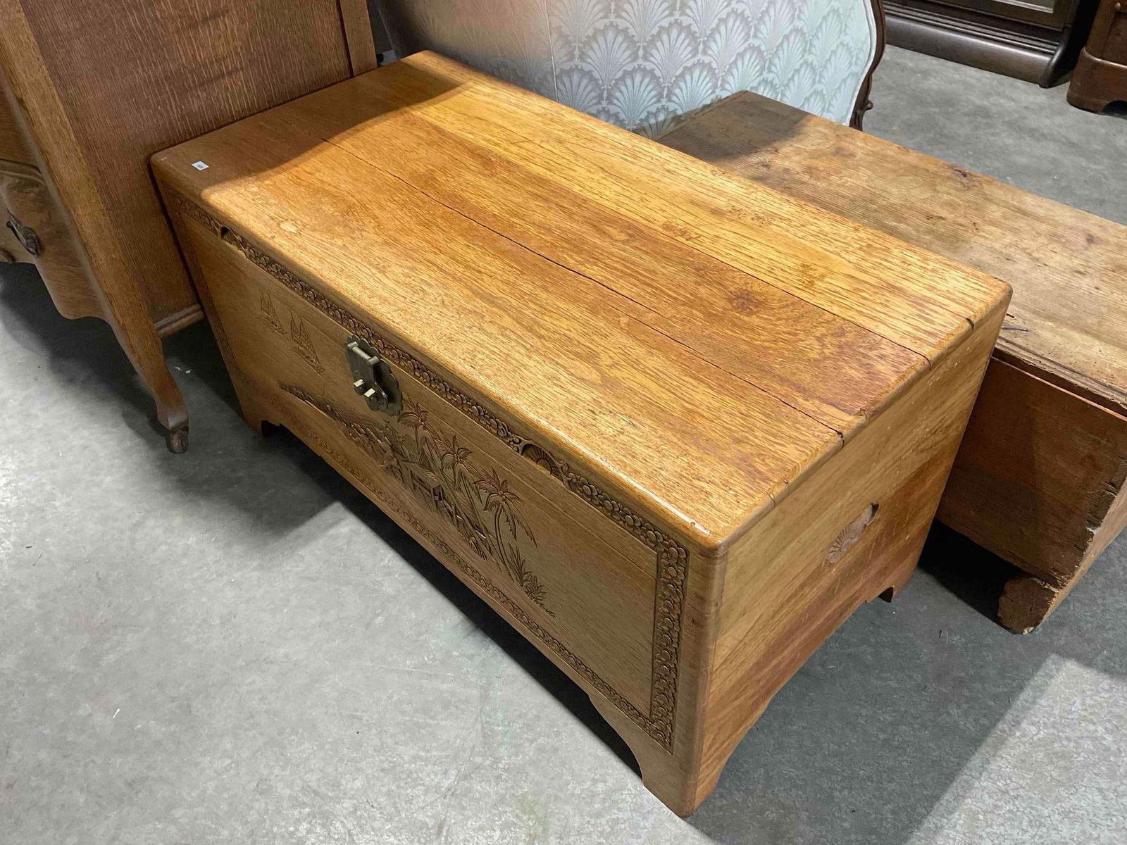 Vintage Asian Style Carved Camphor? Wood Trunk w/ Fishing Scene. Very Good Condition. - 2