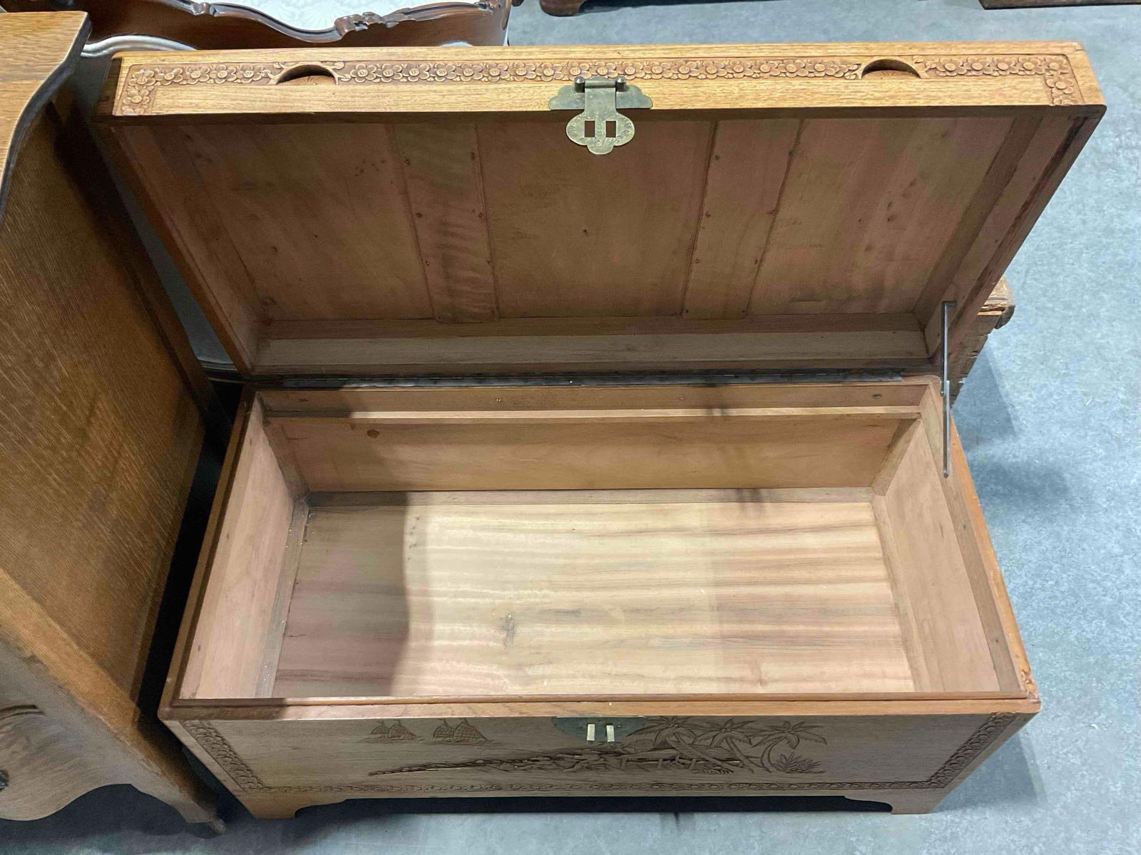 Vintage Asian Style Carved Camphor? Wood Trunk w/ Fishing Scene. Very Good Condition. - 4