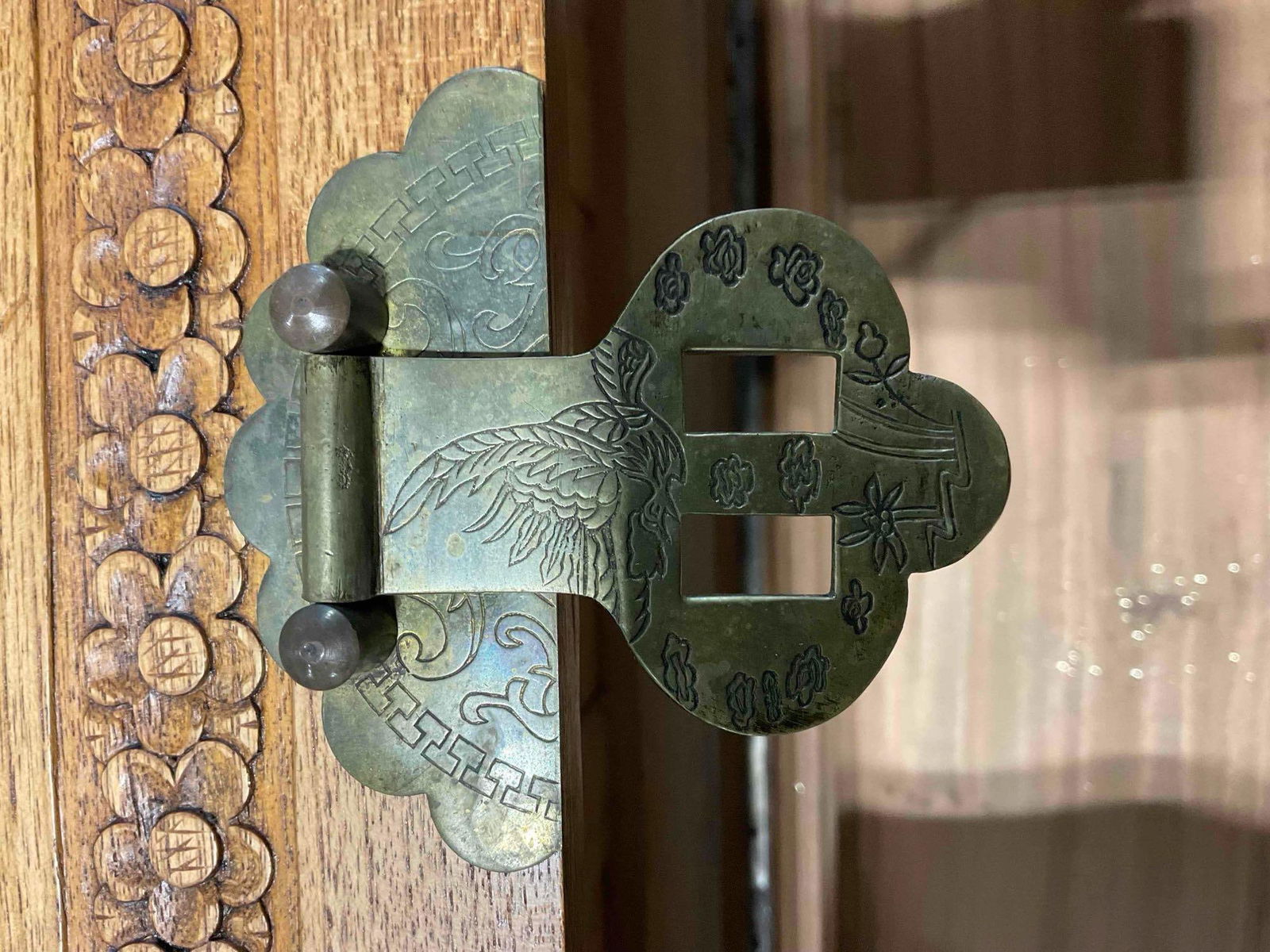 Vintage Asian Style Carved Camphor? Wood Trunk w/ Fishing Scene. Very Good Condition. - 5