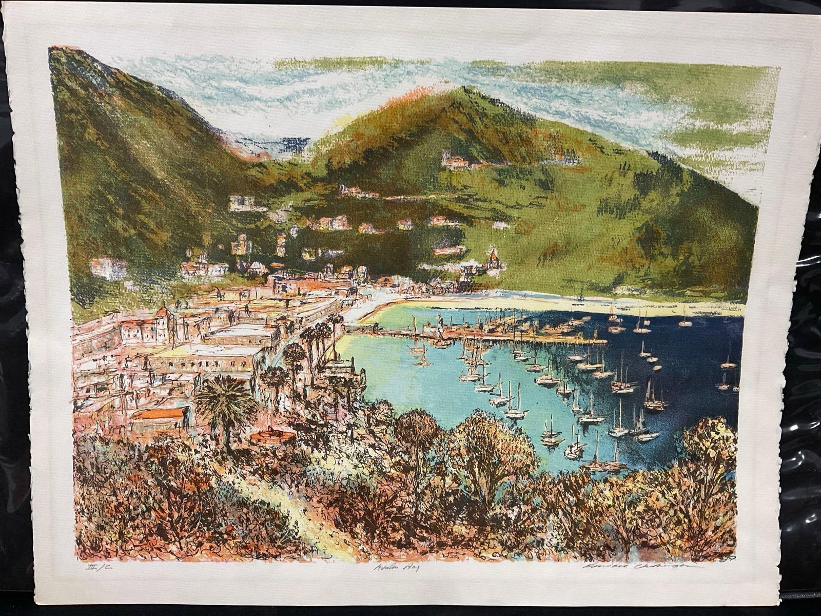 Unframed #d 3/100 Art, Avalon Bay on Catalina Island, by Francis Caldwell (1911-1996), 21x14 inches: Marked III/C in the lower left corner, titled and signed in the lower margin. Appears to be in good shape. The piece measures approx 21h x 14w x 2d inches. See pics. E-5610 