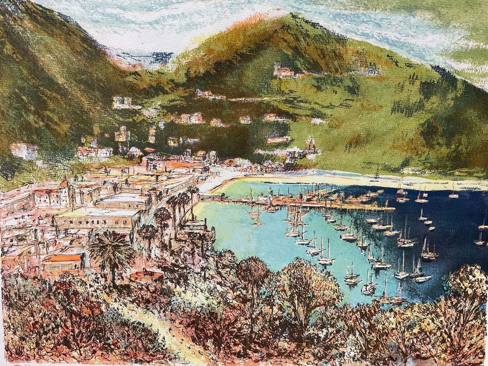 Unframed #d 3/100 Art, Avalon Bay on Catalina Island, by Francis Caldwell (1911-1996), 21x14 inches - 2