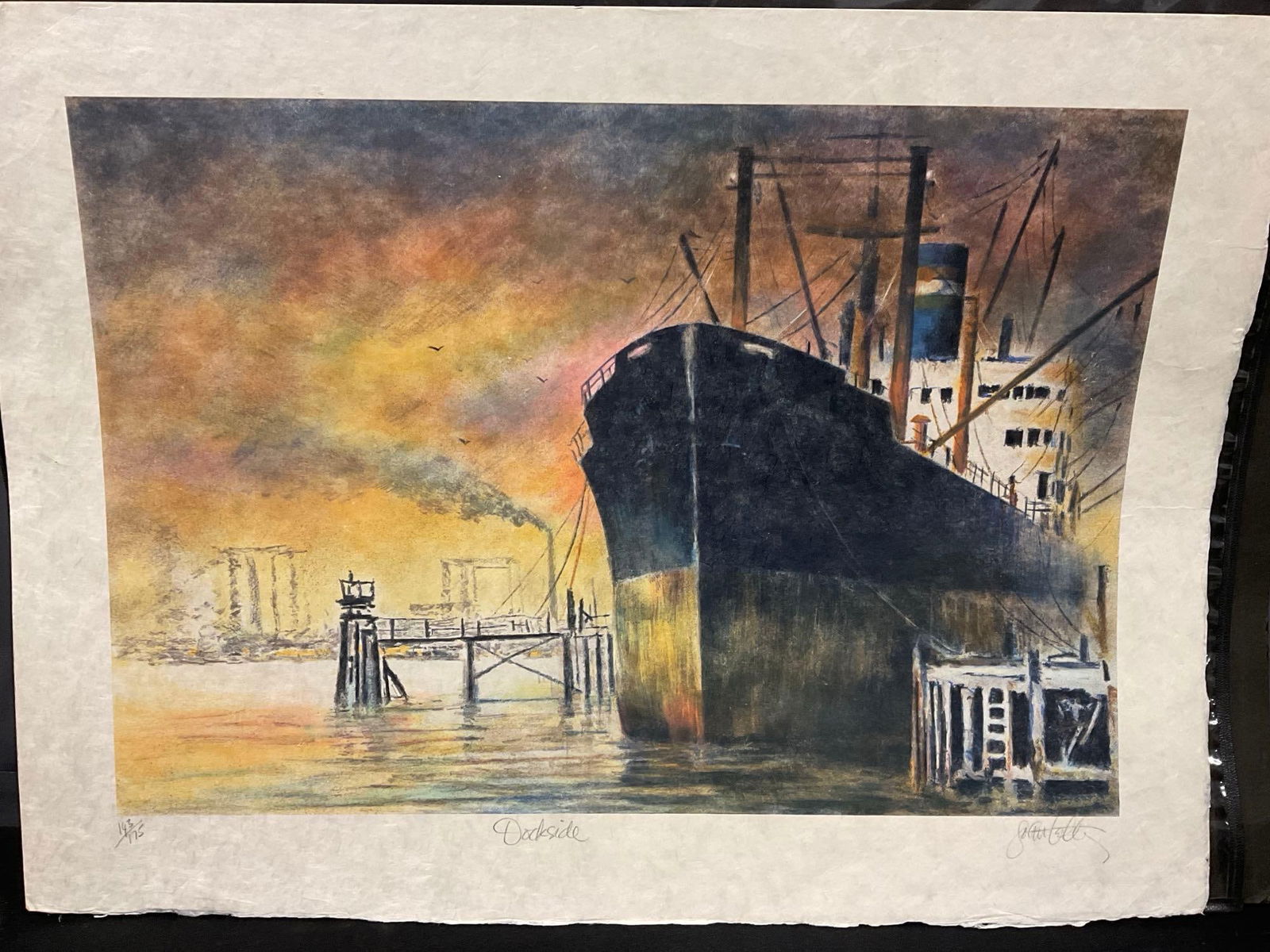 Lovely Unframed Art Signed & #d 143/175 titled Dockside by John Kelly, 23x31 inches: Numbered 143/175, titled and signed by the artist in the lower margin. Appears to be in good shape. The piece measures approx 23h x 31w x 2d inches. See pics. E-5610
