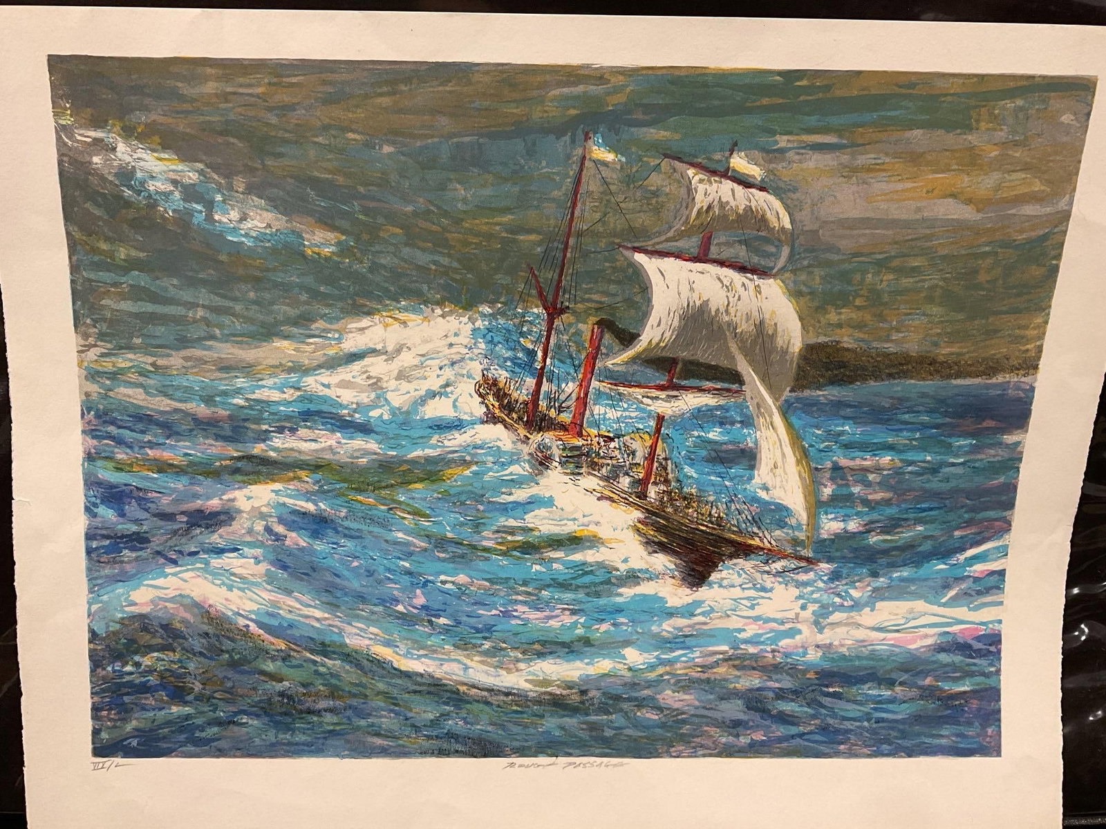 Unframed Art titled Rough Passage, Colorful piece, Ship Surviving the Waves, 21x27 inches: Piece is marked VIX/C in the lower left corner, 59/100, & titled in the lower margin. Appears to be in good shape. The piece measures approx 21h x 27w x 2d inches. See pics. E-5610 