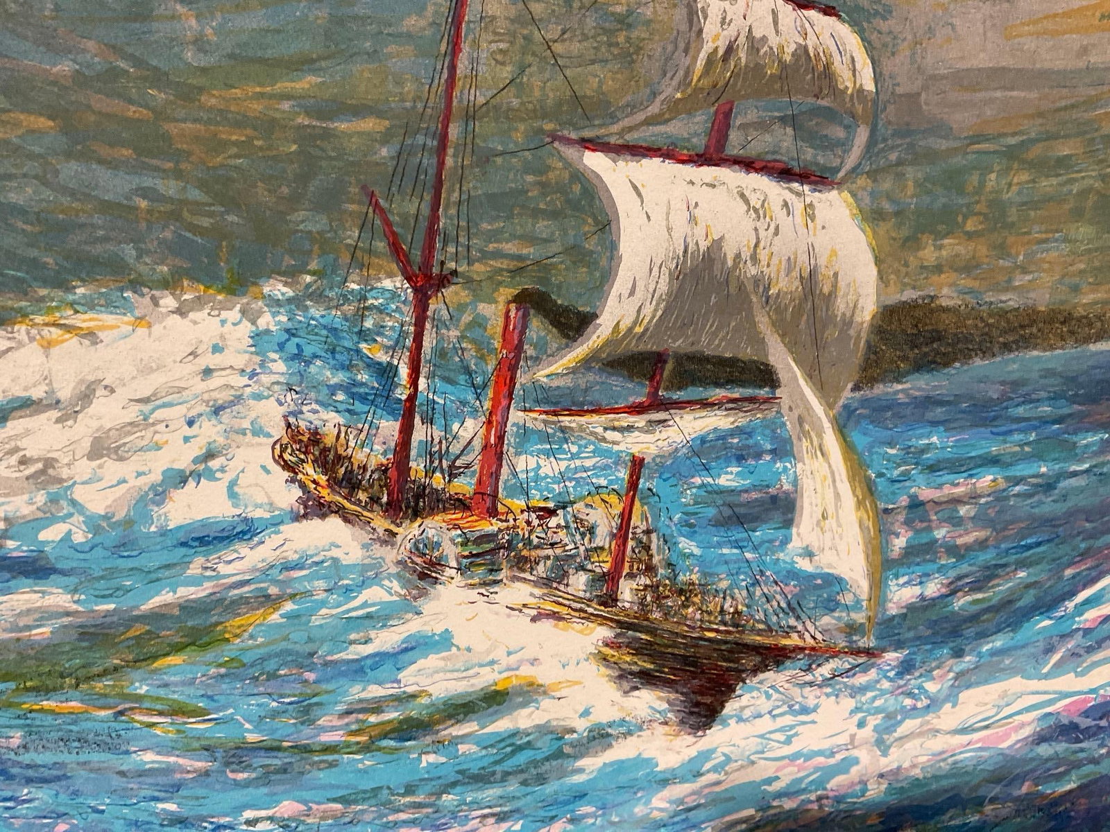 Unframed Art titled Rough Passage, Colorful piece, Ship Surviving the Waves, 21x27 inches - 6