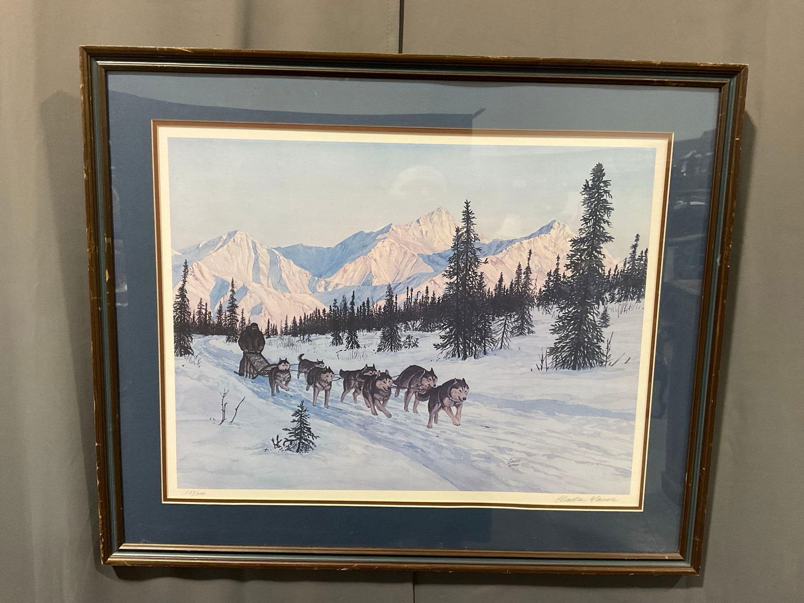 Framed Litho Signed & #d 137/300 Encouraging Word by C. Gause 1980 27x33 inches, Dogsled Snow Scene - 2