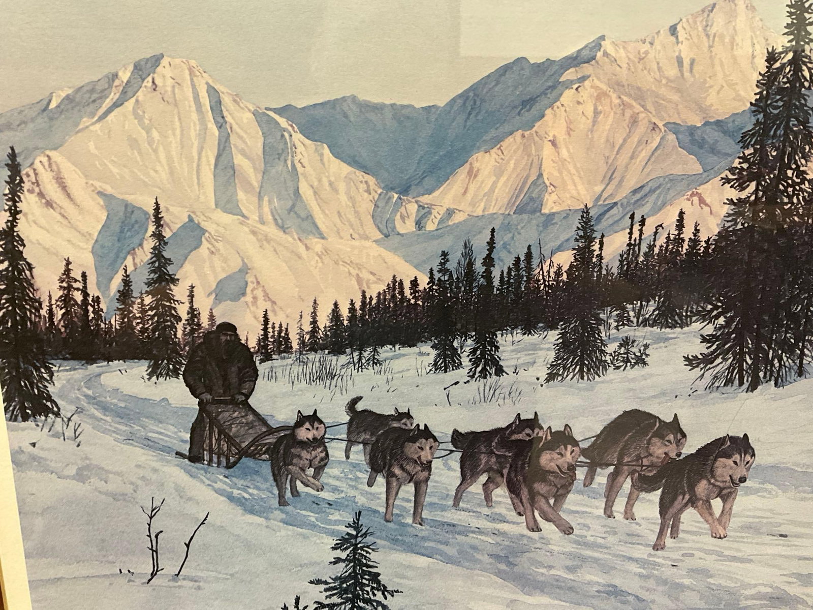 Framed Litho Signed & #d 137/300 Encouraging Word by C. Gause 1980 27x33 inches, Dogsled Snow Scene - 3