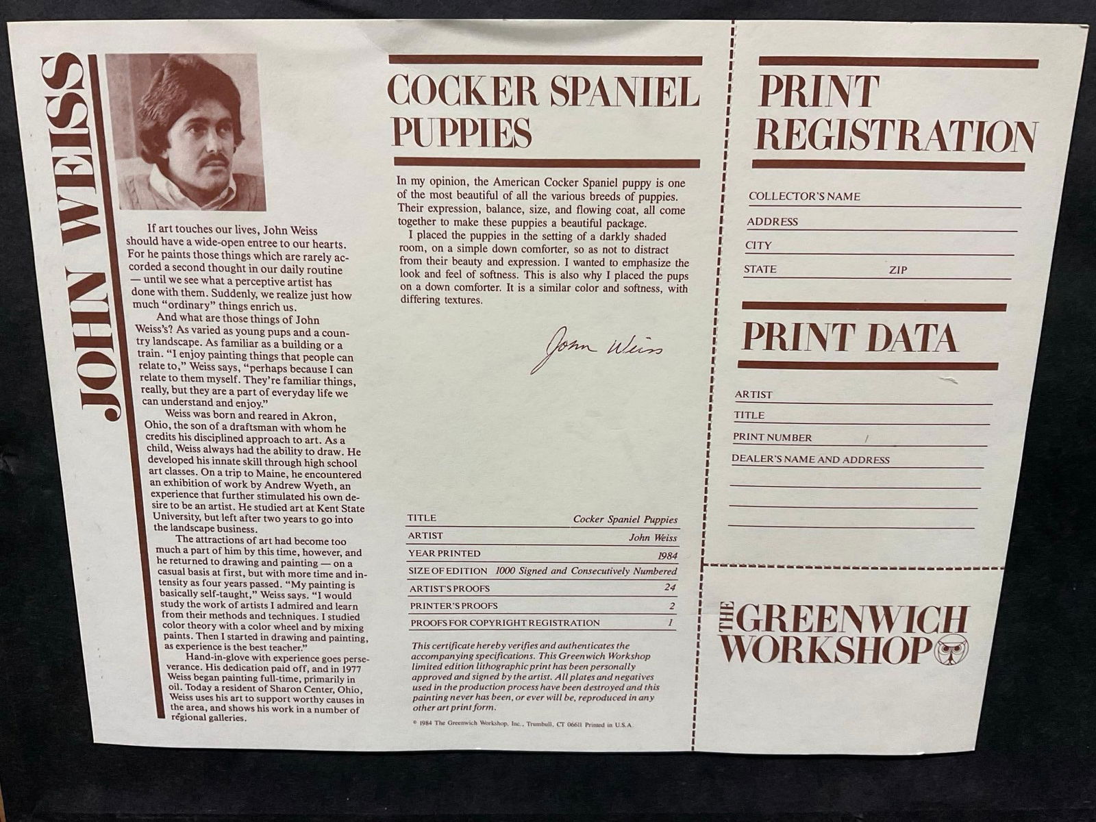 Framed Litho Signed & #d 341/1000 titled Cocker Spaniel Puppies by John Weiss, 18x24 inches - 5