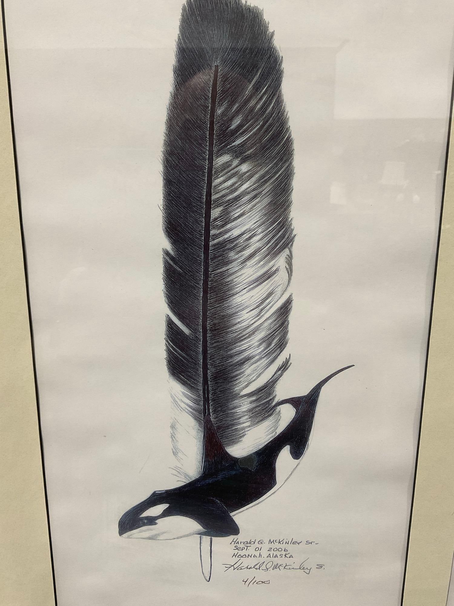 Framed Signed & #d 4/100 Double Print Whale & Eagle Feather by Harold G McKinley, 23x25 inches - 2