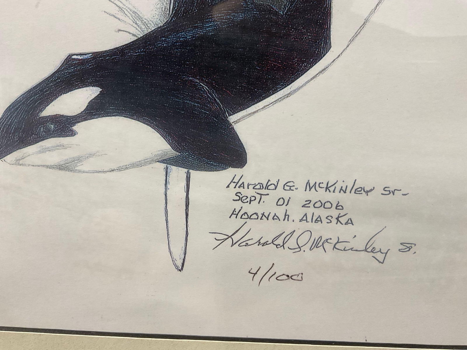 Framed Signed & #d 4/100 Double Print Whale & Eagle Feather by Harold G McKinley, 23x25 inches - 4