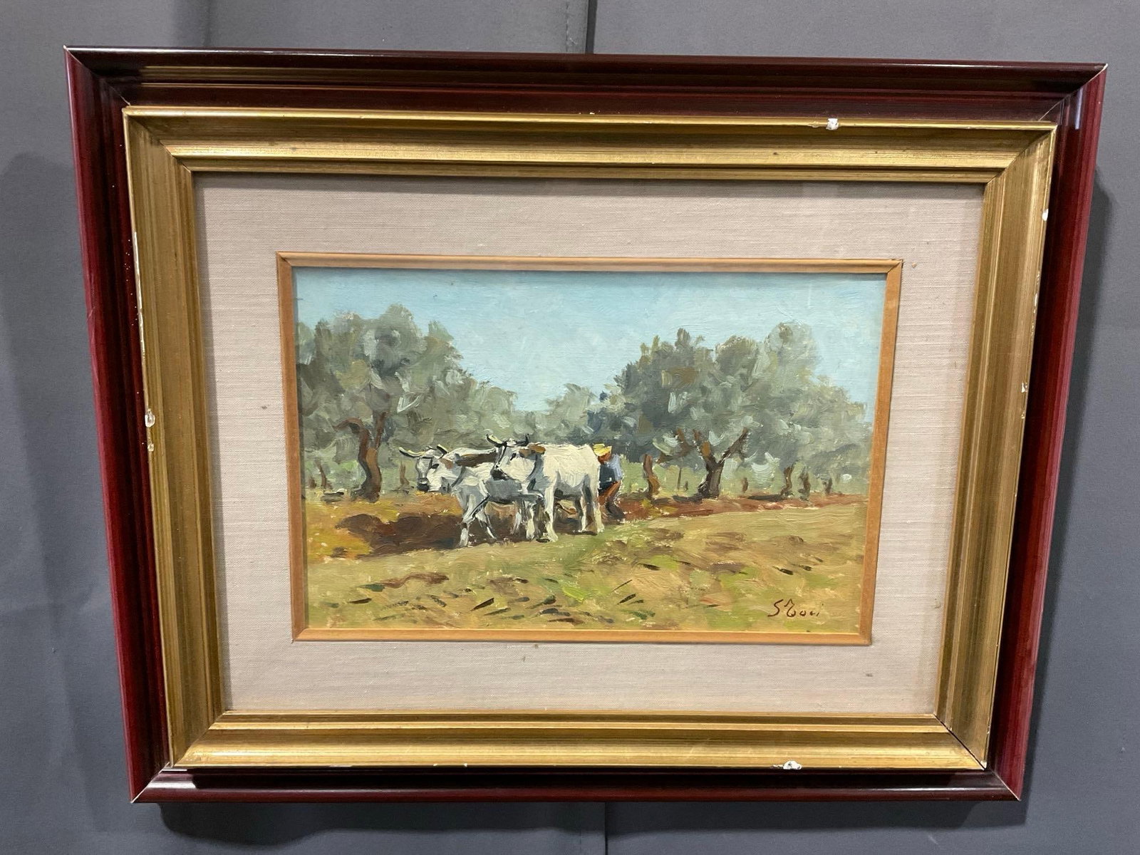 MC Original Framed Rural Style Painting, Oil on Canvas, Yoked Oxen, signed see pics 17 x 20 inches: Possible European piece ? Appears to be in good shape. The piece measures approx 17h x 20w x 3d inches. See pics. E-5610 