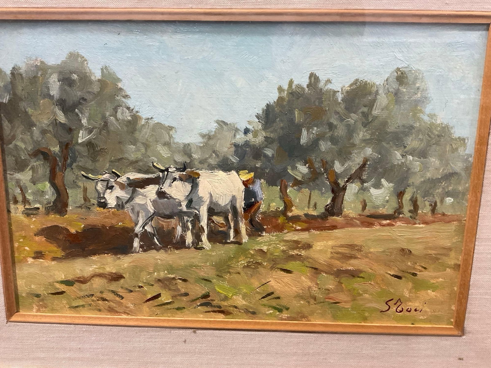 MC Original Framed Rural Style Painting, Oil on Canvas, Yoked Oxen, signed see pics 17 x 20 inches - 2