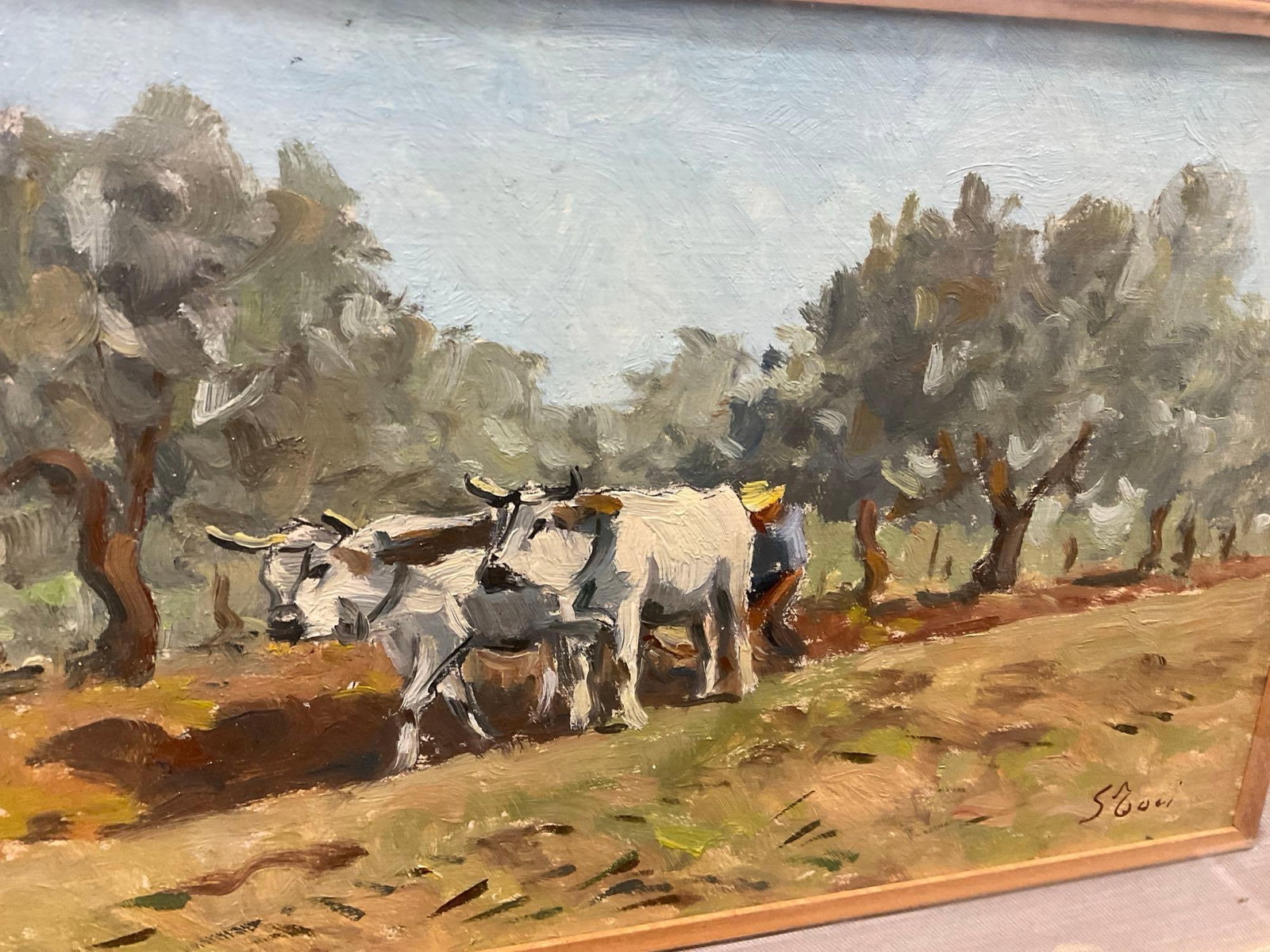MC Original Framed Rural Style Painting, Oil on Canvas, Yoked Oxen, signed see pics 17 x 20 inches - 4