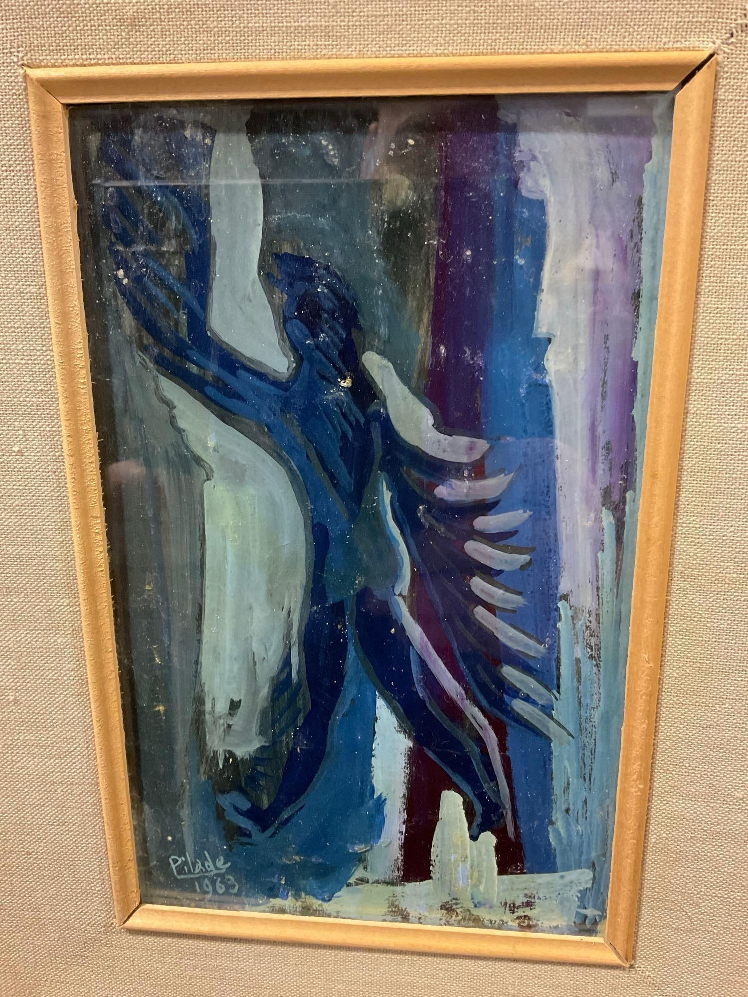 Small Framed Mid century Original OIl on Board by Pilade 1963, Bold Blue Tones, 14x11 inches - 2