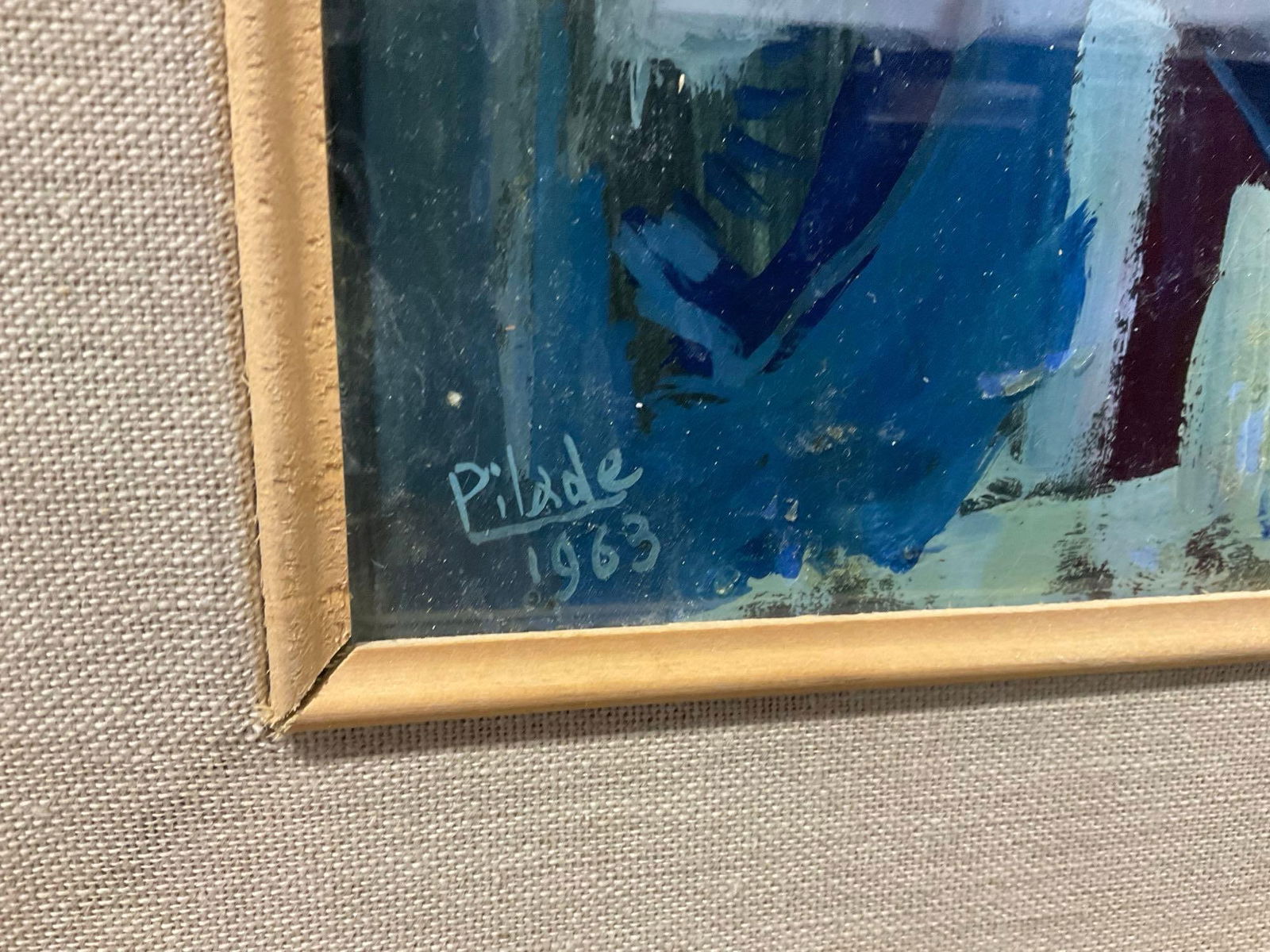 Small Framed Mid century Original OIl on Board by Pilade 1963, Bold Blue Tones, 14x11 inches - 3