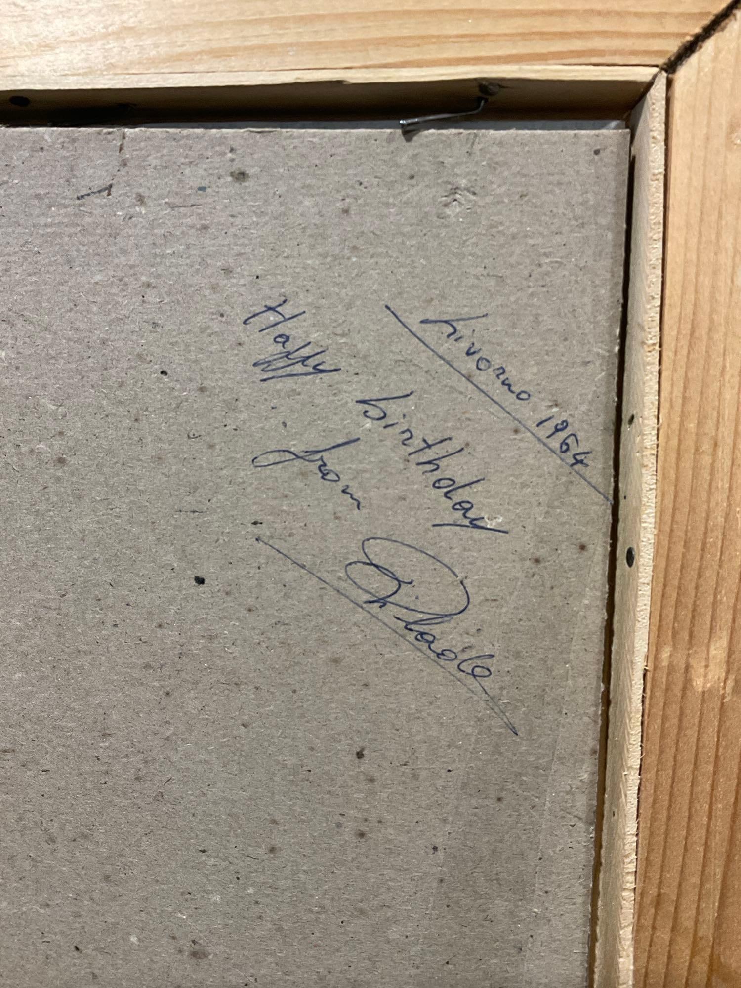 Small Framed Mid century Original OIl on Board by Pilade 1963, Bold Blue Tones, 14x11 inches - 5