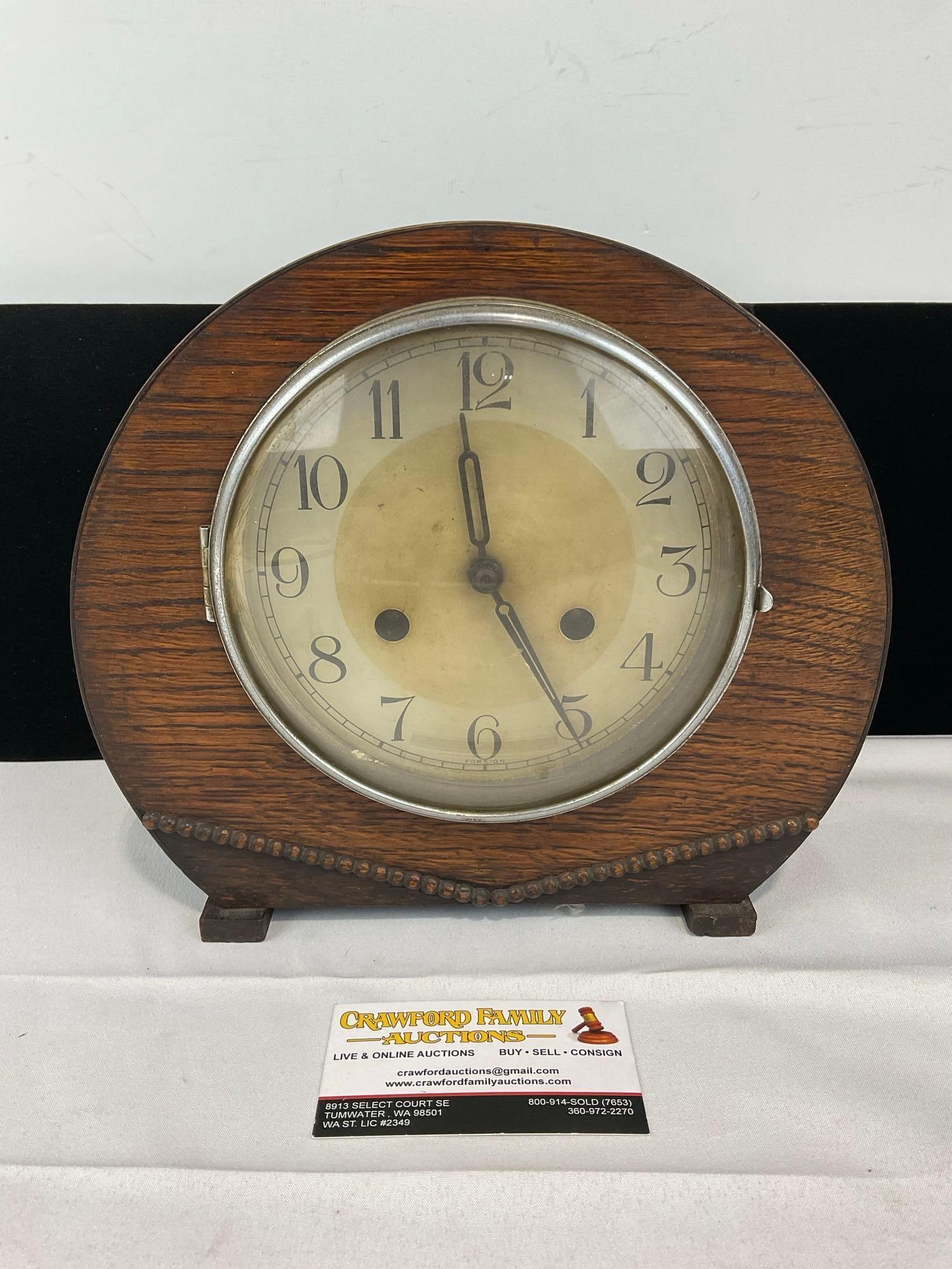 Antique Haller German Time Strike Mantel Clock, Circular, 10h x 11w x 6d inches: All from the same collection. Appears to be in fair to good shape. The piece measures approx 10h x 11w x 6d inches. See pics. E-5580 