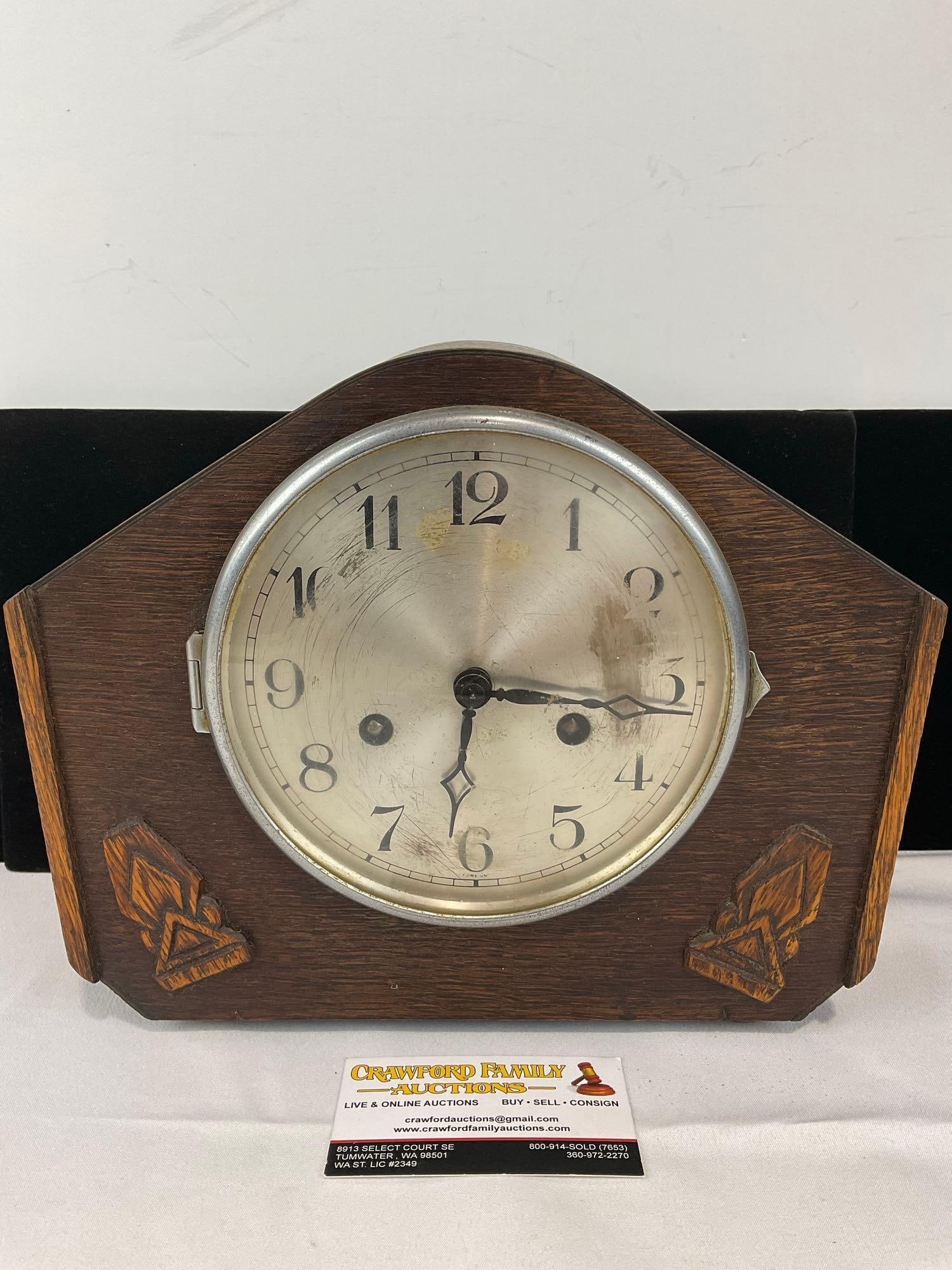 Antique Time Strike Mantel Clock w/Pendulum, Trapezoid shaped, 10h x 11w x 6d inches: All from the same collection. Appears to be in fair to good shape. The piece measures approx 10h x 11w x 6d inches. See pics. E-5580 