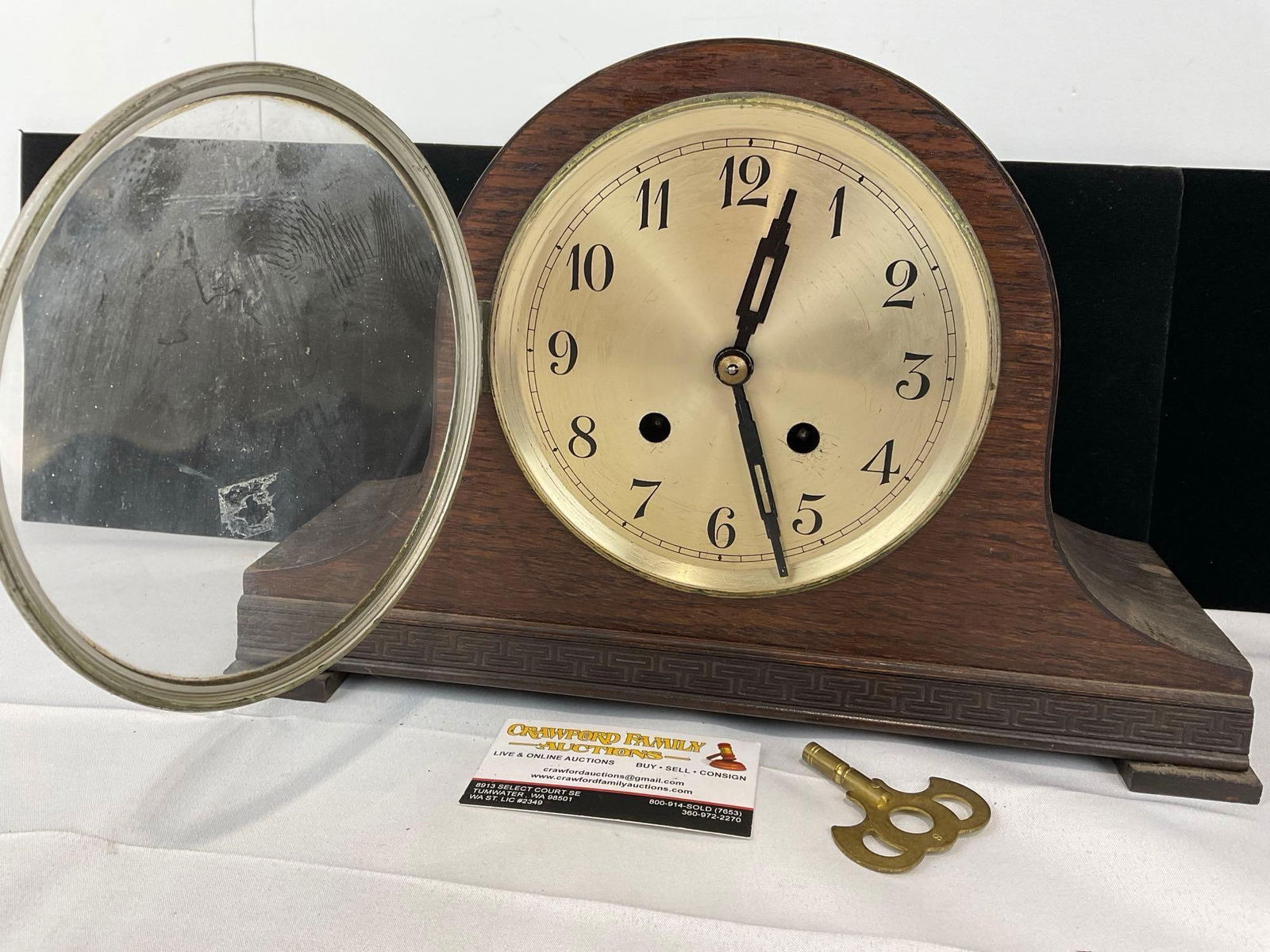 Antique Time Strike Wooden Humpback Mantel Clock w/Key, 10h x 15w x 6d inches - 2