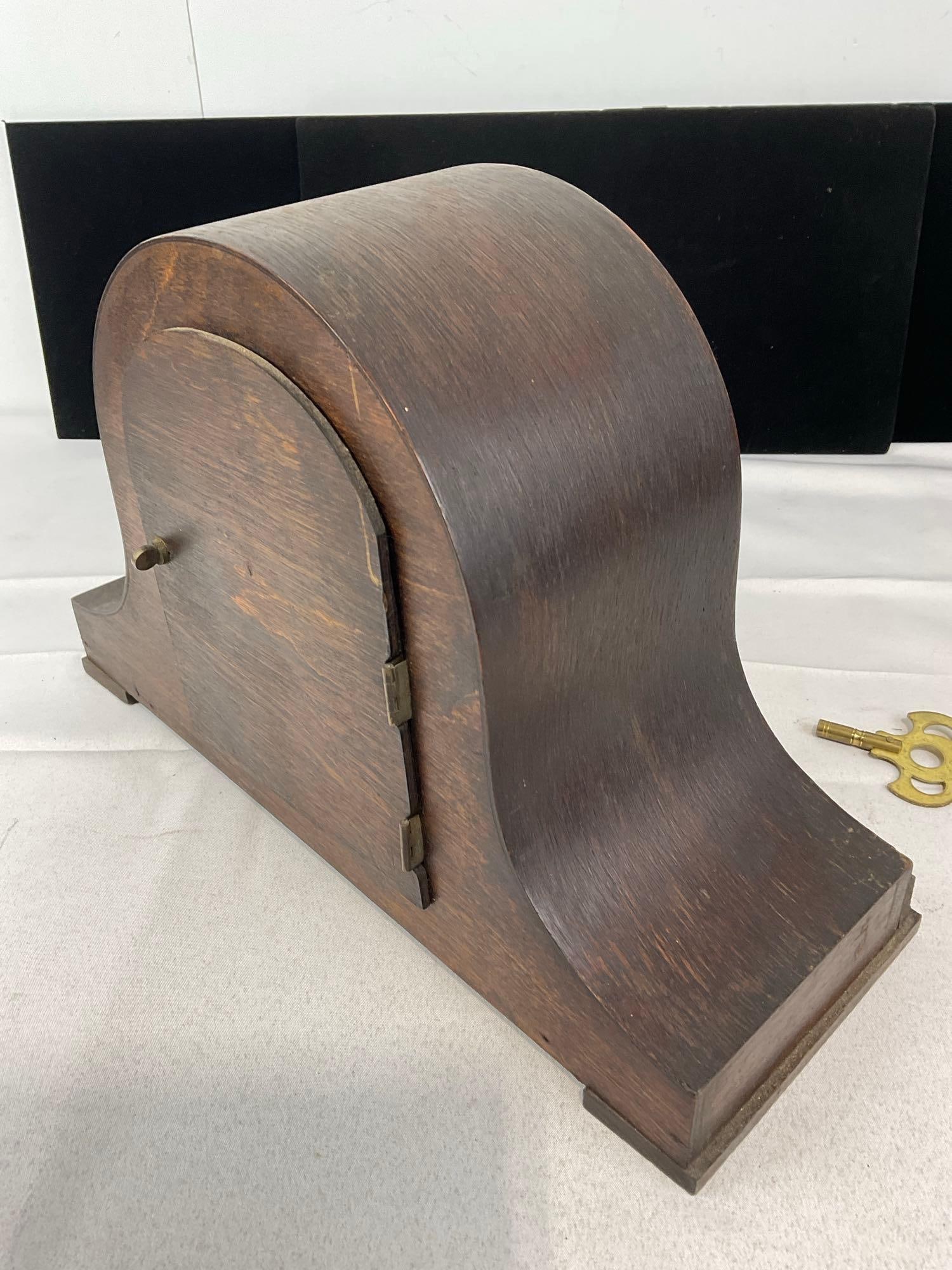 Antique Time Strike Wooden Humpback Mantel Clock w/Key, 10h x 15w x 6d inches - 3