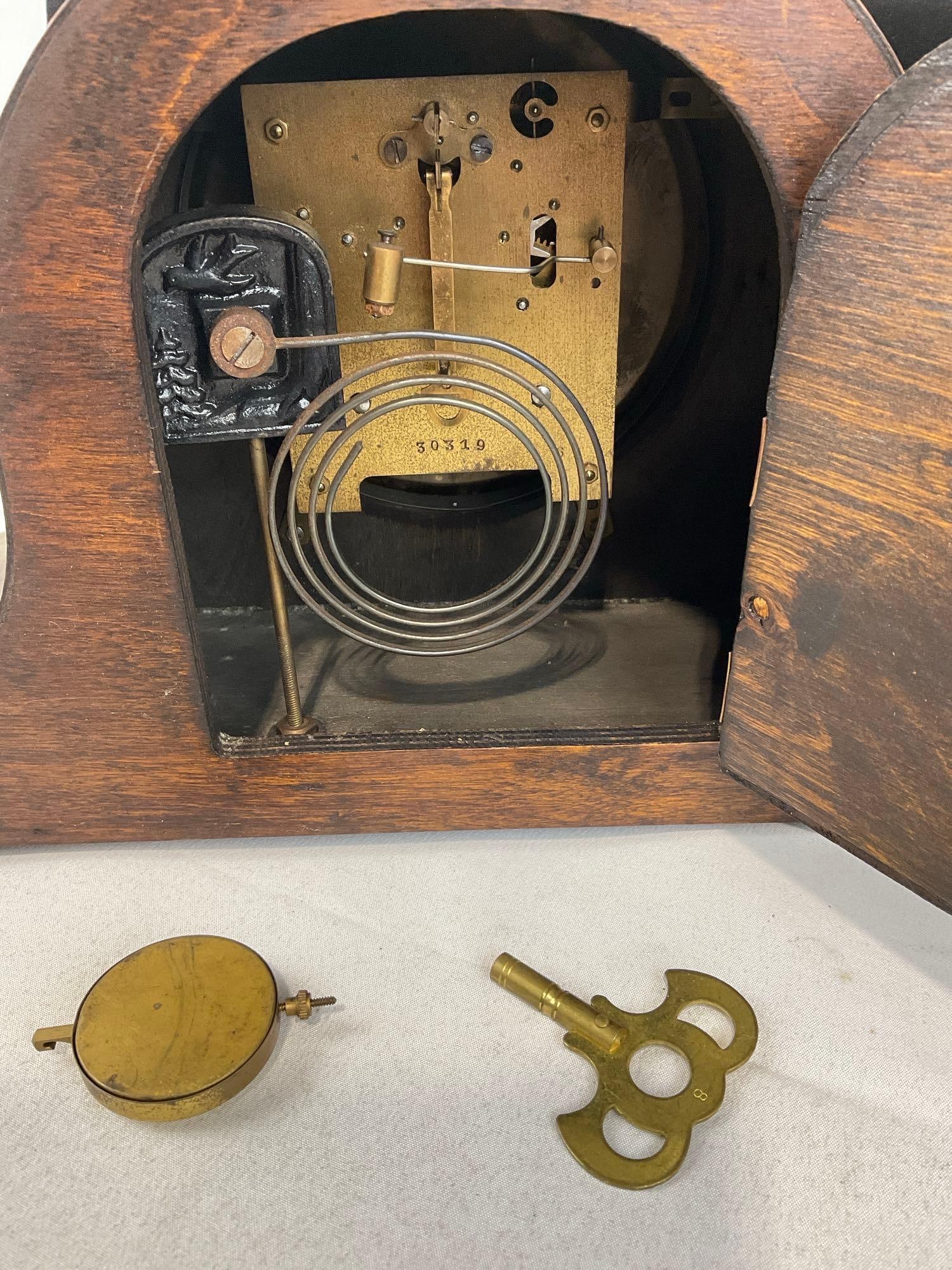 Antique Time Strike Wooden Humpback Mantel Clock w/Key, 10h x 15w x 6d inches - 4