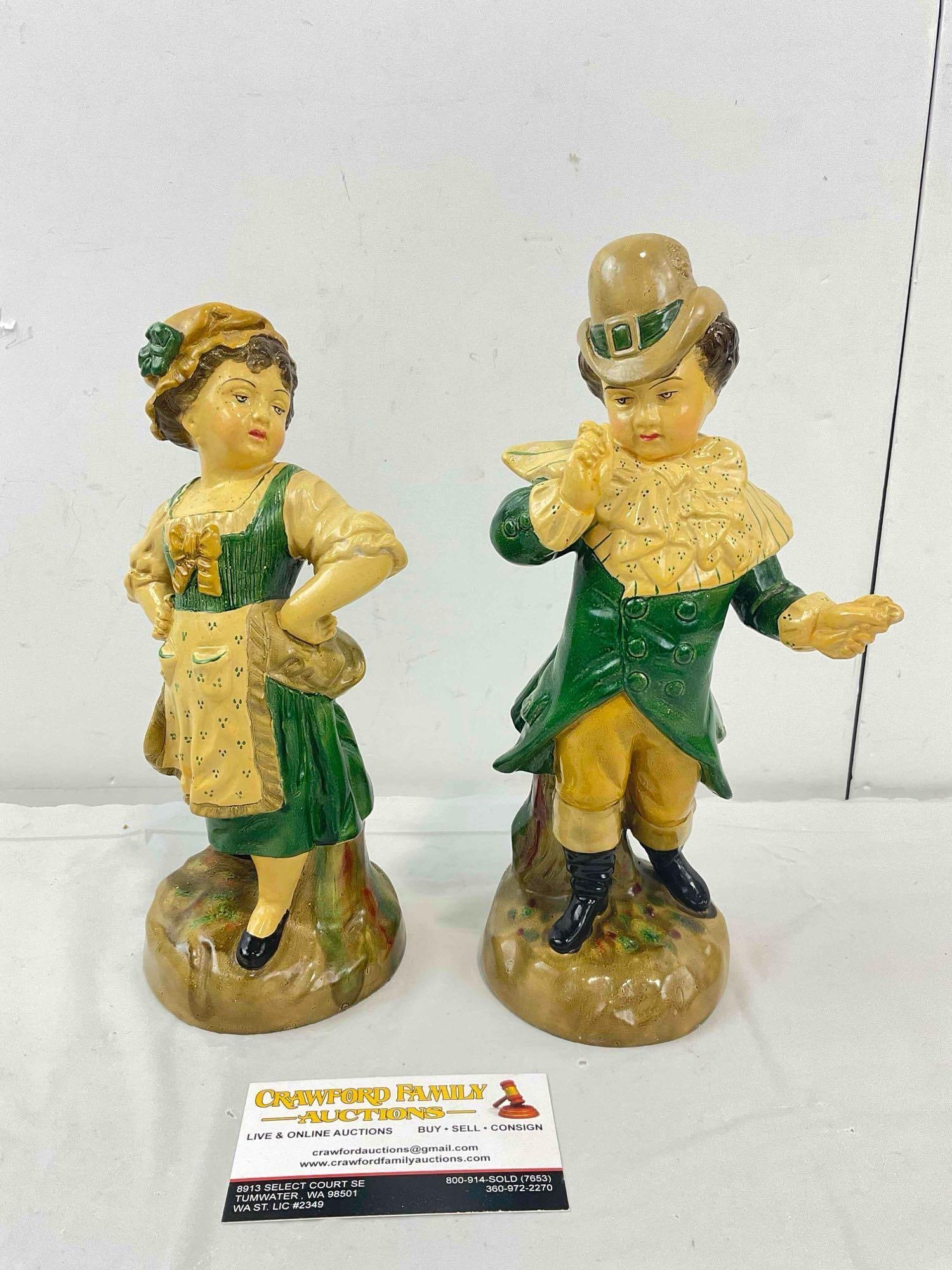 Pair of Vintage Chalkware Ceramic Figural Statuettes in Green Clothes. Very Good Cond. See pics.: Pair of Vintage Chalkware Ceramic Figural Statuettes in Green Clothes. Very Good Cond. very minor wear on reverse, condition is otherwise very good. Measures 4" x 4" x 10" DM-5520 