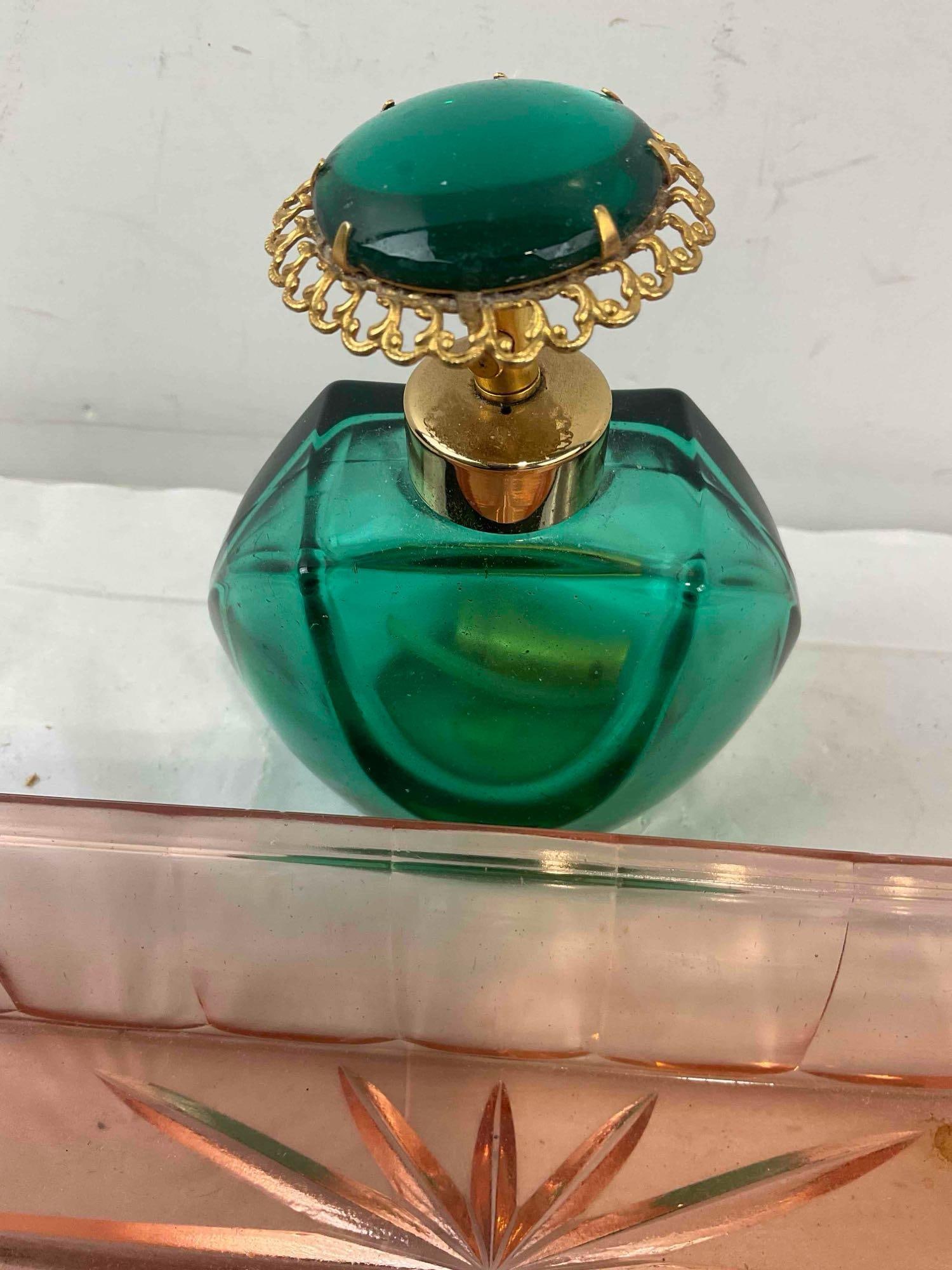 4 pcs Vintage Glass Selection, incl. Pink Depression Glass Tray & Perfume Atomizer. See pics. - 5