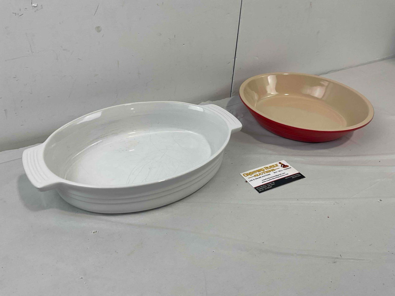 2 pcs Le Creuset Stoneware Dishes, incl. White Oval Dish & Round Orange Dish. Excellent Cond. - 2