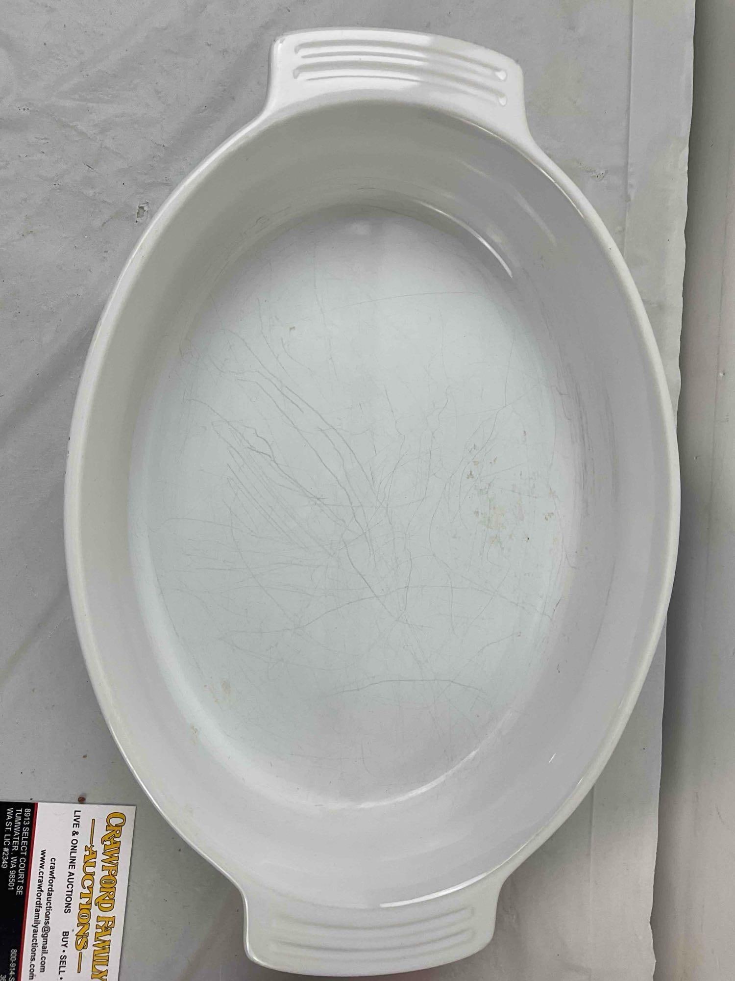 2 pcs Le Creuset Stoneware Dishes, incl. White Oval Dish & Round Orange Dish. Excellent Cond. - 4