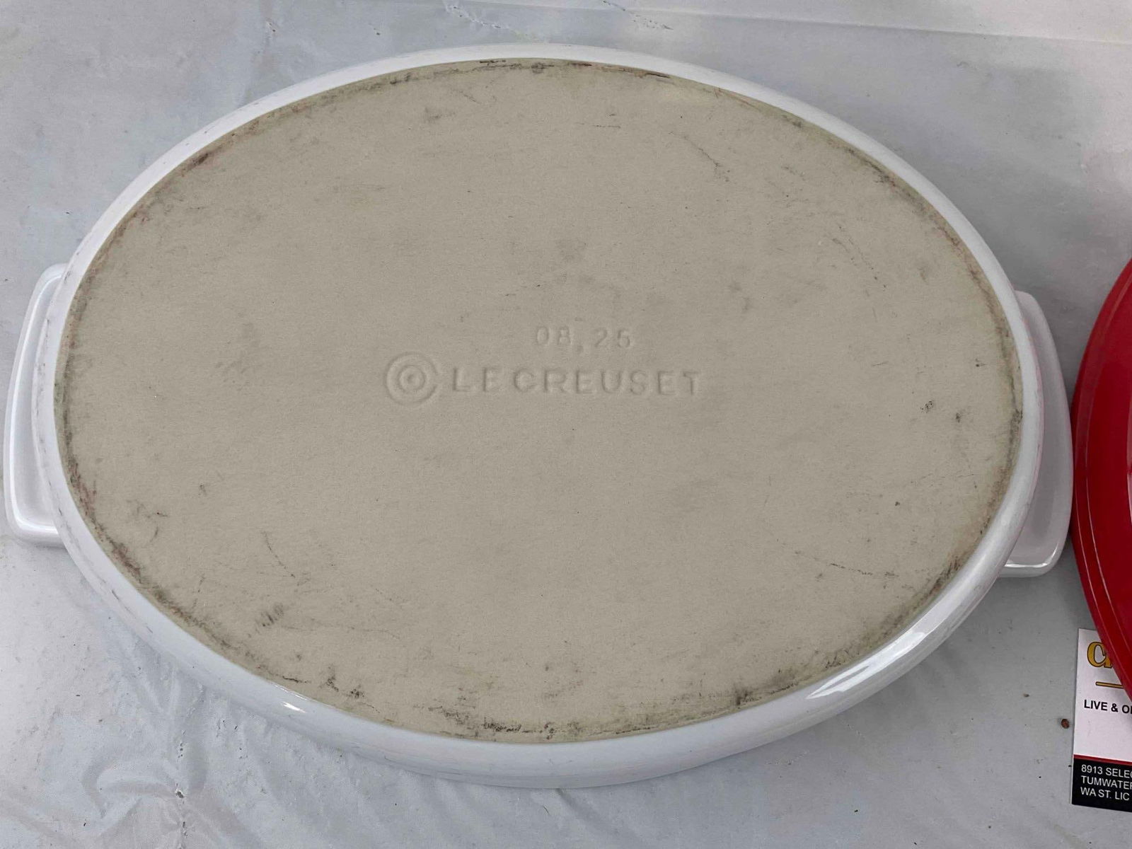 2 pcs Le Creuset Stoneware Dishes, incl. White Oval Dish & Round Orange Dish. Excellent Cond. - 7