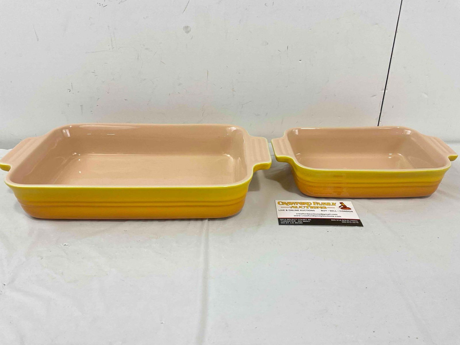 2 pcs Le Creuset Yellow Rectangle Stoneware Baking Dishes. Excellent Condition. See pics. - 2